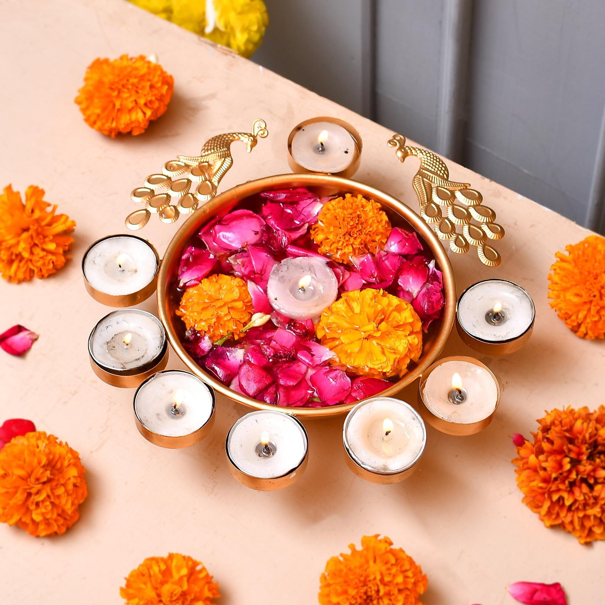 CraftVatika Urli Bowl for Home Decor Diwali Decoration Items Gifts - Tea Light Peacock Flower Shape Decorative Urli - Floating Flowers and Tea Light Candles Home (Metal, Golden)