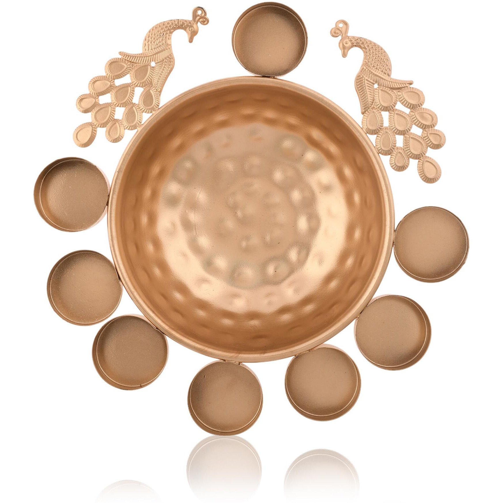 CraftVatika Urli Bowl for Home Decor Diwali Decoration Items Gifts - Tea Light Peacock Flower Shape Decorative Urli - Floating Flowers and Tea Light Candles Home (Metal, Golden)