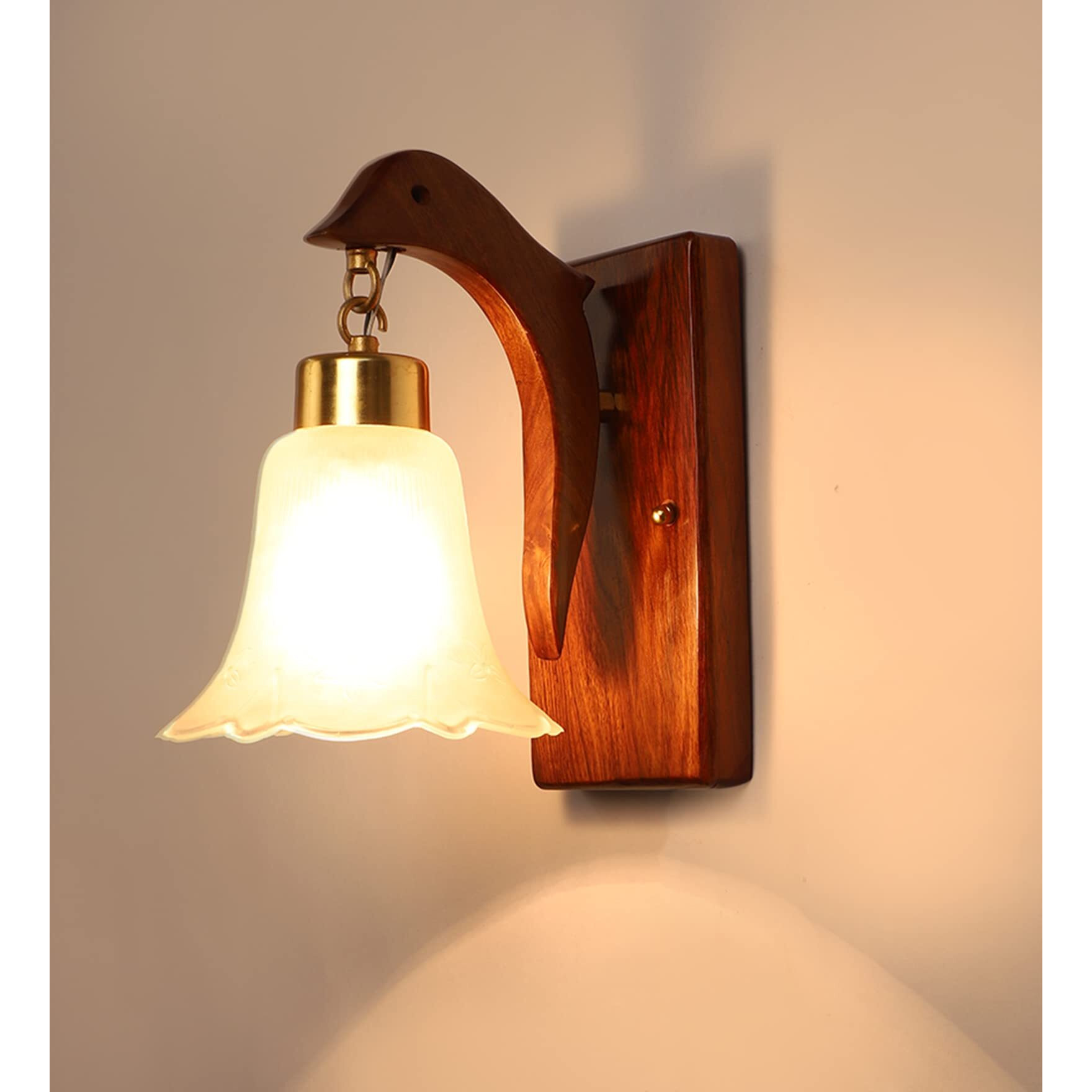 Green House Handmade Sheesham Wood Wall Light Lamp | E27 Bulb Holder(Bulb not Included) |Stylish Fish Design | White Floral Glass | Diwali Decor | Bedroom, Living Room, Dining Room, Hallway