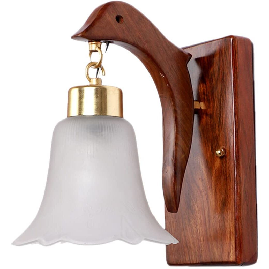 Green House Handmade Sheesham Wood Wall Light Lamp | E27 Bulb Holder(Bulb not Included) |Stylish Fish Design | White Floral Glass | Diwali Decor | Bedroom, Living Room, Dining Room, Hallway