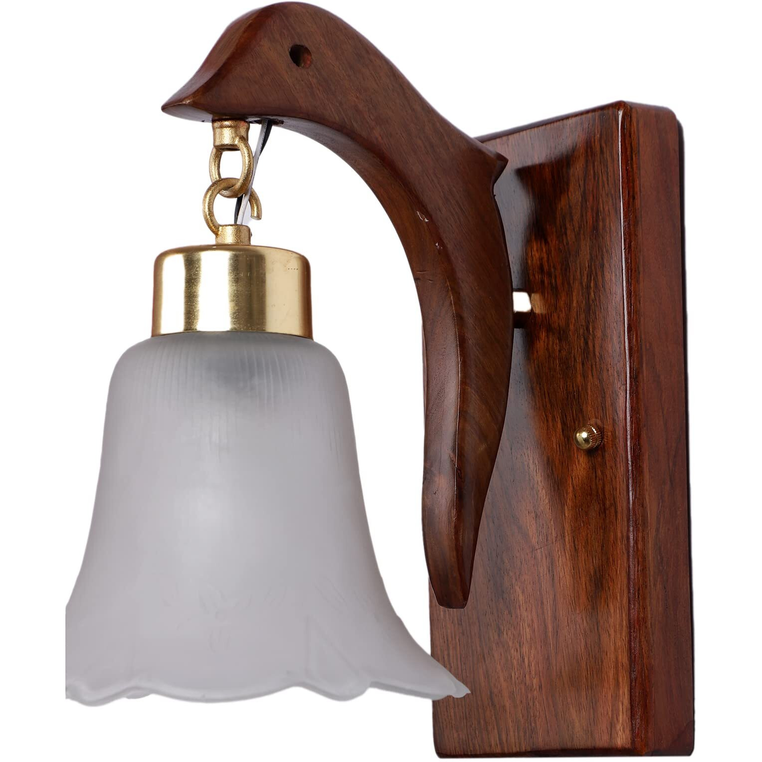 Green House Handmade Sheesham Wood Wall Light Lamp | E27 Bulb Holder(Bulb not Included) |Stylish Fish Design | White Floral Glass | Diwali Decor | Bedroom, Living Room, Dining Room, Hallway