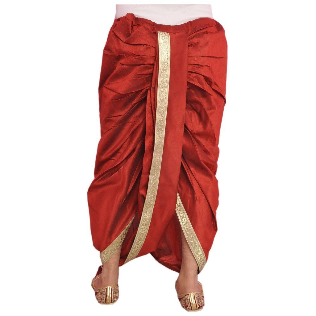 Larwa Mens Silk Solid Stitched Diwali Special Dhoti (Maroon, Free Size)