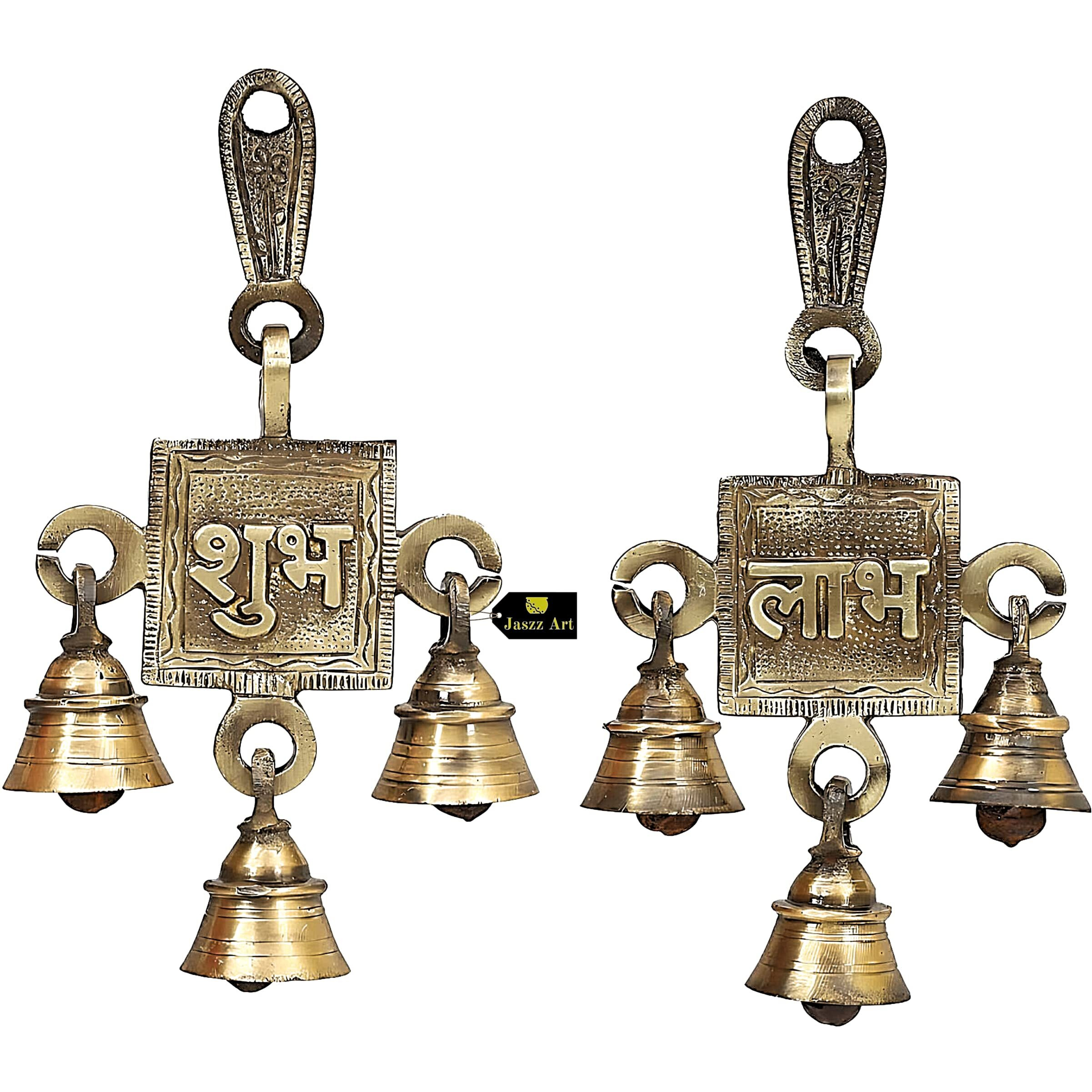 Jaszz Art Subh Labh Design Bell Pair (10 * 3 * 16 cm 360 gm) Antique Brass Hanging Bells for Pooja Gift Home Decor with 3 Ghanti Handmade puja Article for Diwali Festival Vastu (Pack of 2)