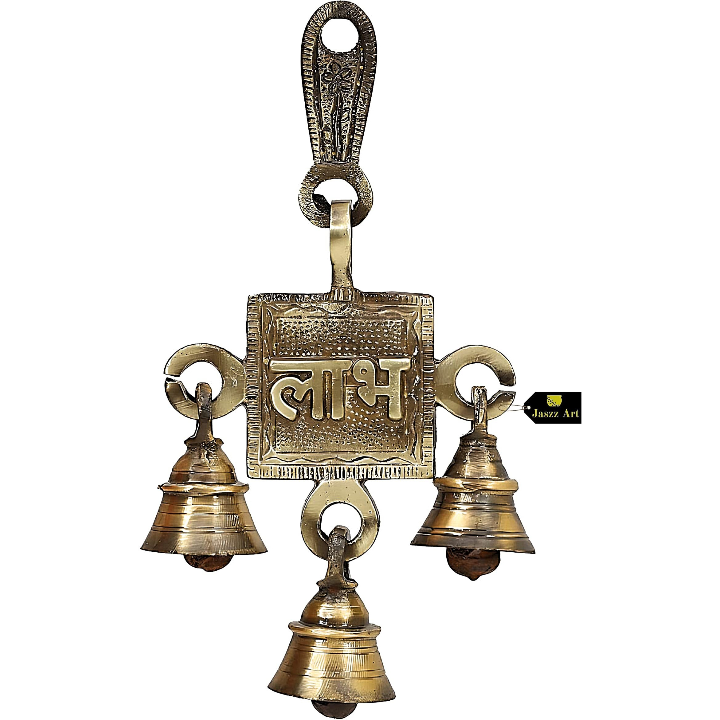 Jaszz Art Subh Labh Design Bell Pair (10 * 3 * 16 cm 360 gm) Antique Brass Hanging Bells for Pooja Gift Home Decor with 3 Ghanti Handmade puja Article for Diwali Festival Vastu (Pack of 2)