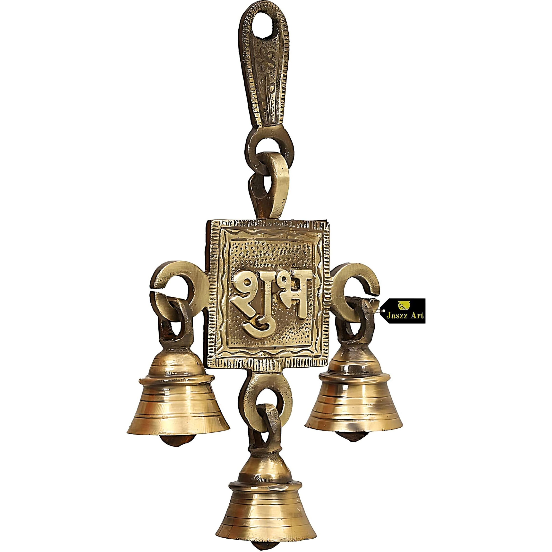 Jaszz Art Subh Labh Design Bell Pair (10 * 3 * 16 cm 360 gm) Antique Brass Hanging Bells for Pooja Gift Home Decor with 3 Ghanti Handmade puja Article for Diwali Festival Vastu (Pack of 2)