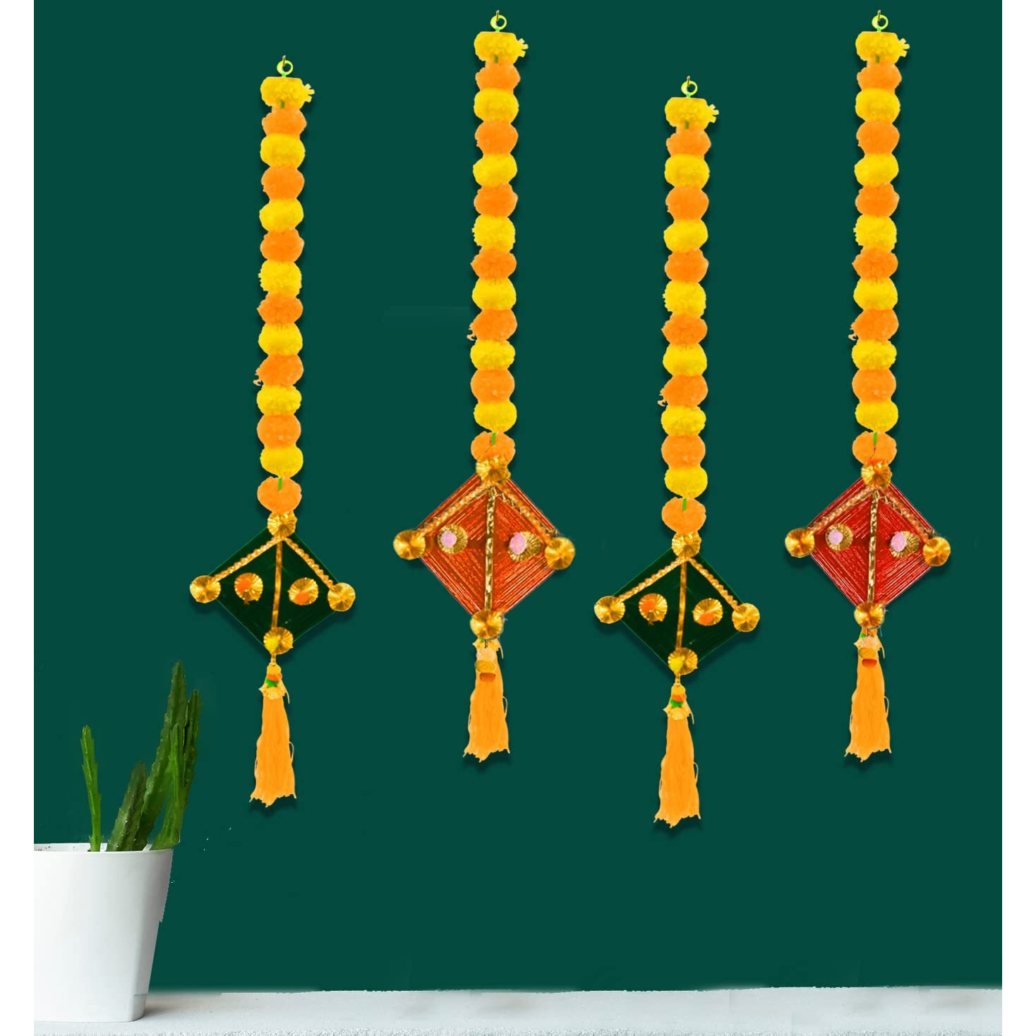 CraftVatika Artificial Marigold Fluffy Flowers with Handmade Kites Wall Door Hanging Latkans for Diwali, Wedding, Home Decoration (4 Pcs)
