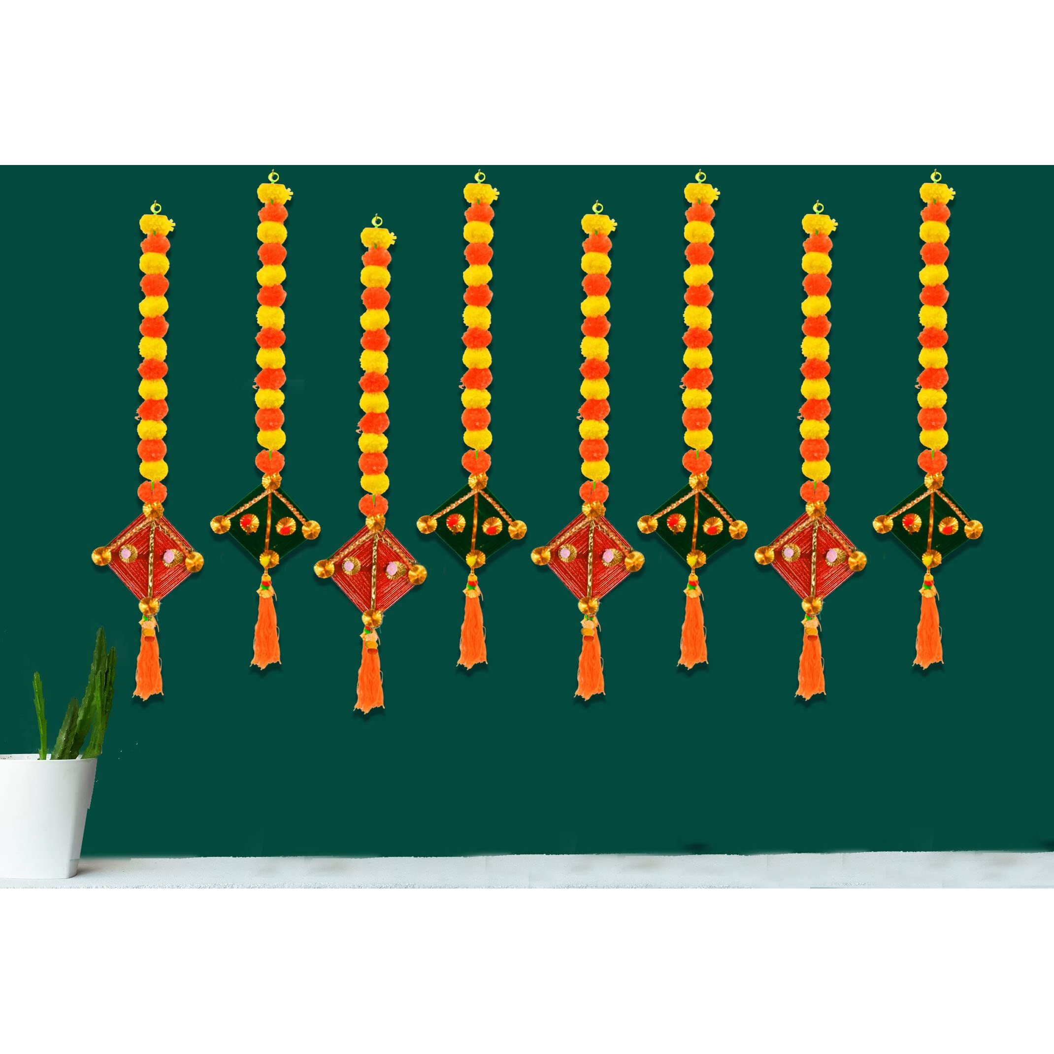 CraftVatika Artificial Marigold Fluffy Flowers with Handmade Kites Wall Door Hanging Latkans for Diwali, Wedding, Home Decoration (8 Pcs)