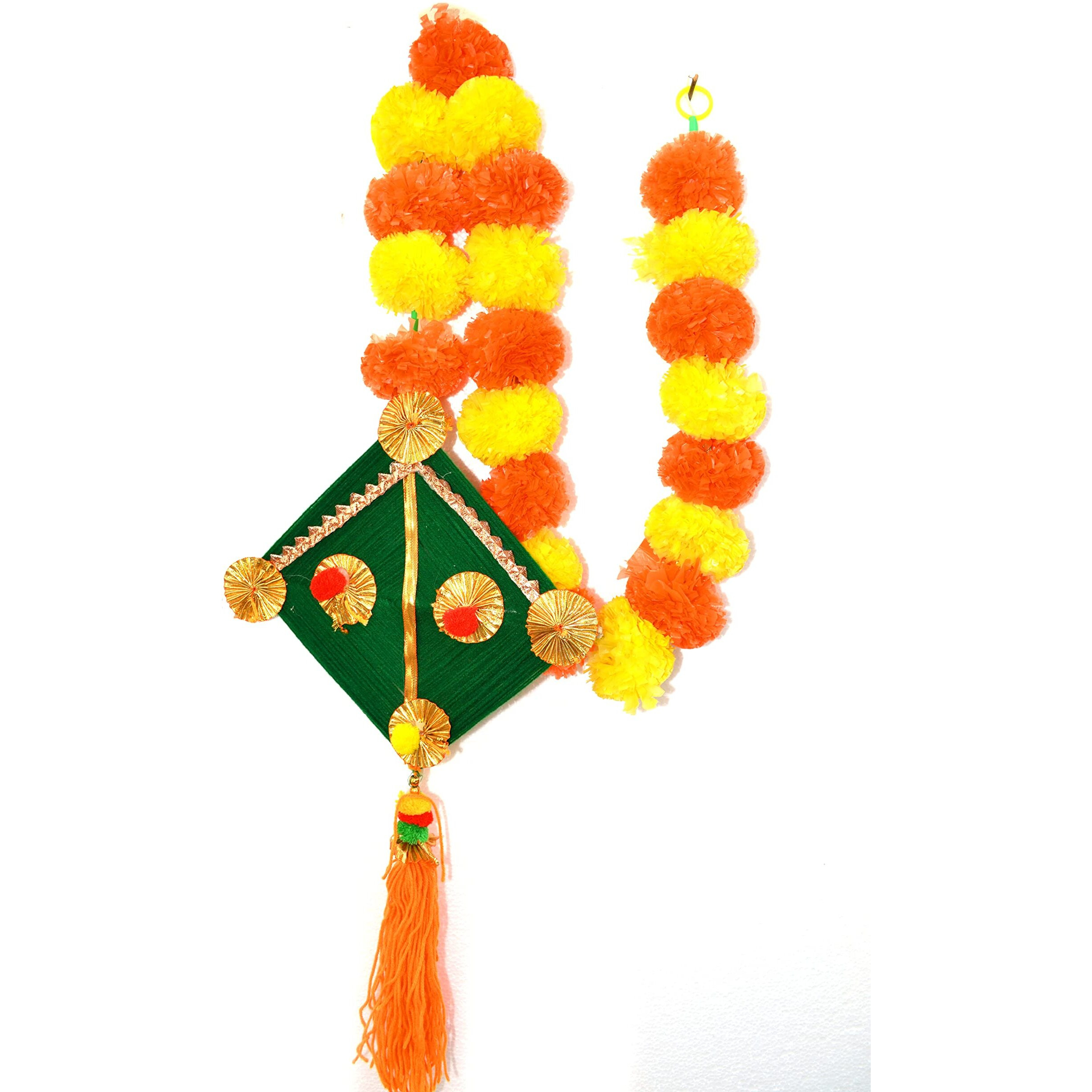 CraftVatika Artificial Marigold Fluffy Flowers with Handmade Kites Wall Door Hanging Latkans for Diwali, Wedding, Home Decoration (8 Pcs)