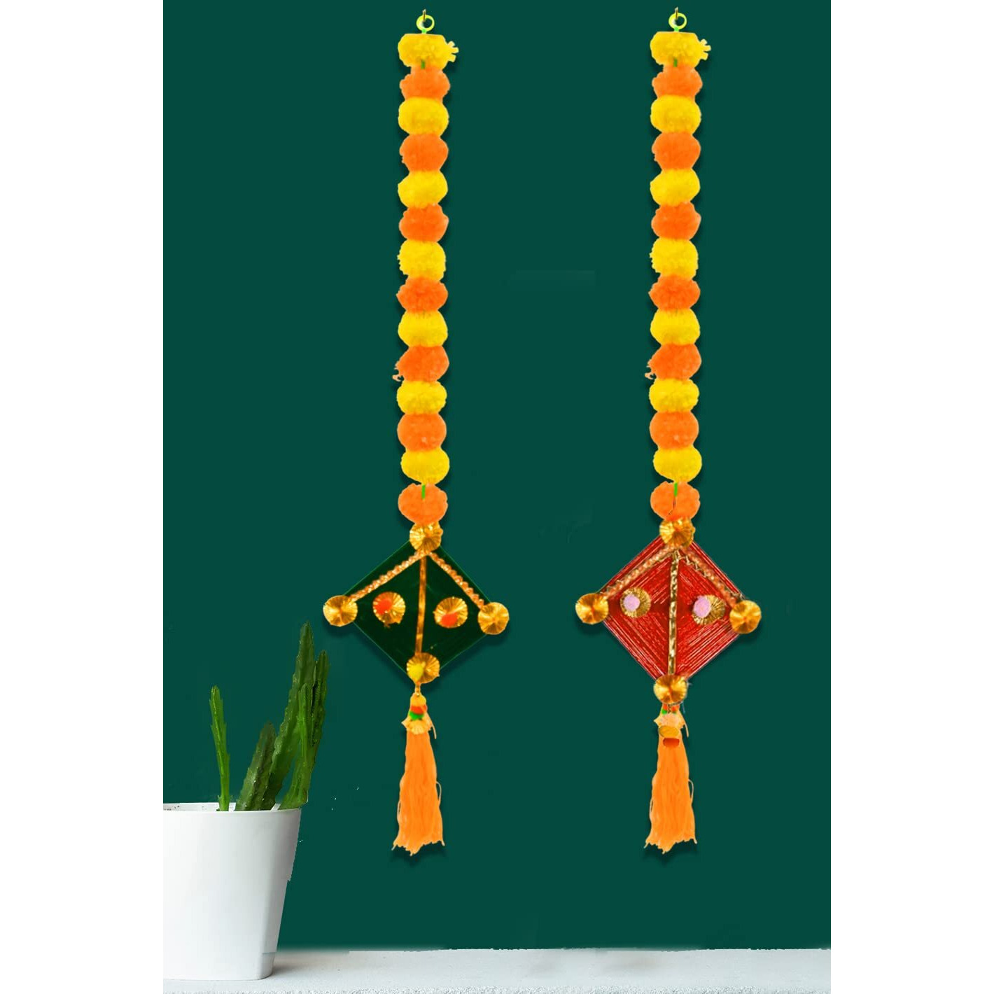 CraftVatika Artificial Marigold Fluffy Flowers with Handmade Kites Wall Door Hanging Latkans for Diwali, Wedding, Home Decoration (2 Pcs)
