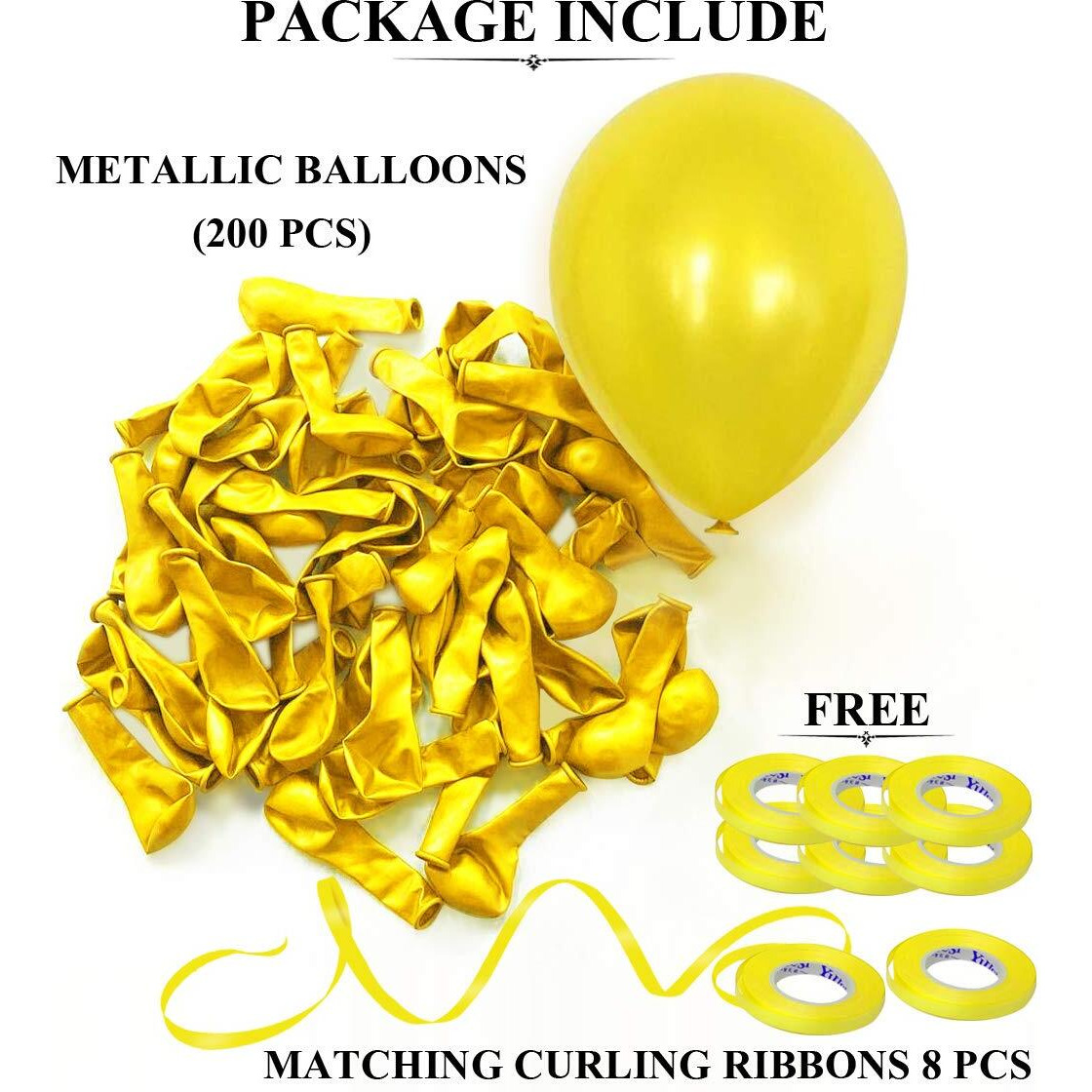 AMFIN 10 Inch (Pack Of 200) Yellow Metallic Balloons for Birthday Decoration , Decoration for Weddings , Engagement , Baby Shower Decoration Items , 1st Birthday Party Decoration Items , Anniversary Party , Bachelors Party , Office Party , Diwali , New Year Party , Christmas Decoration Items