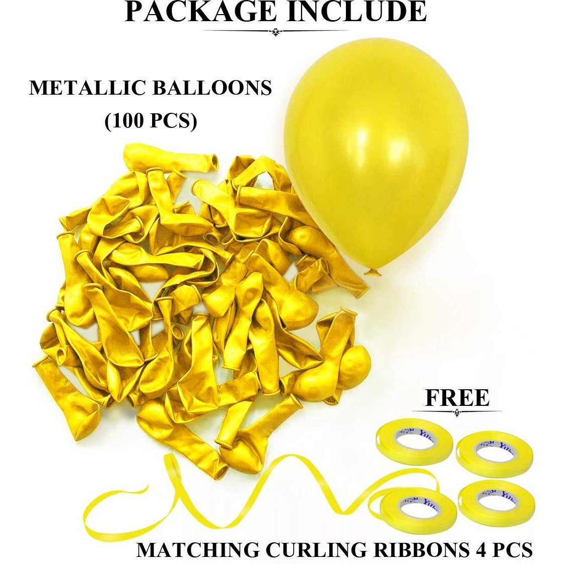 AMFIN 10 Inch (Pack Of 100) Yellow Metallic Balloons for Birthday Decoration , Decoration for Weddings , Engagement , Baby Shower Decoration Items , 1st Birthday Party Decoration Items , Anniversary Party , Bachelors Party , Office Party , Diwali , New Year Party , Christmas Decoration Items