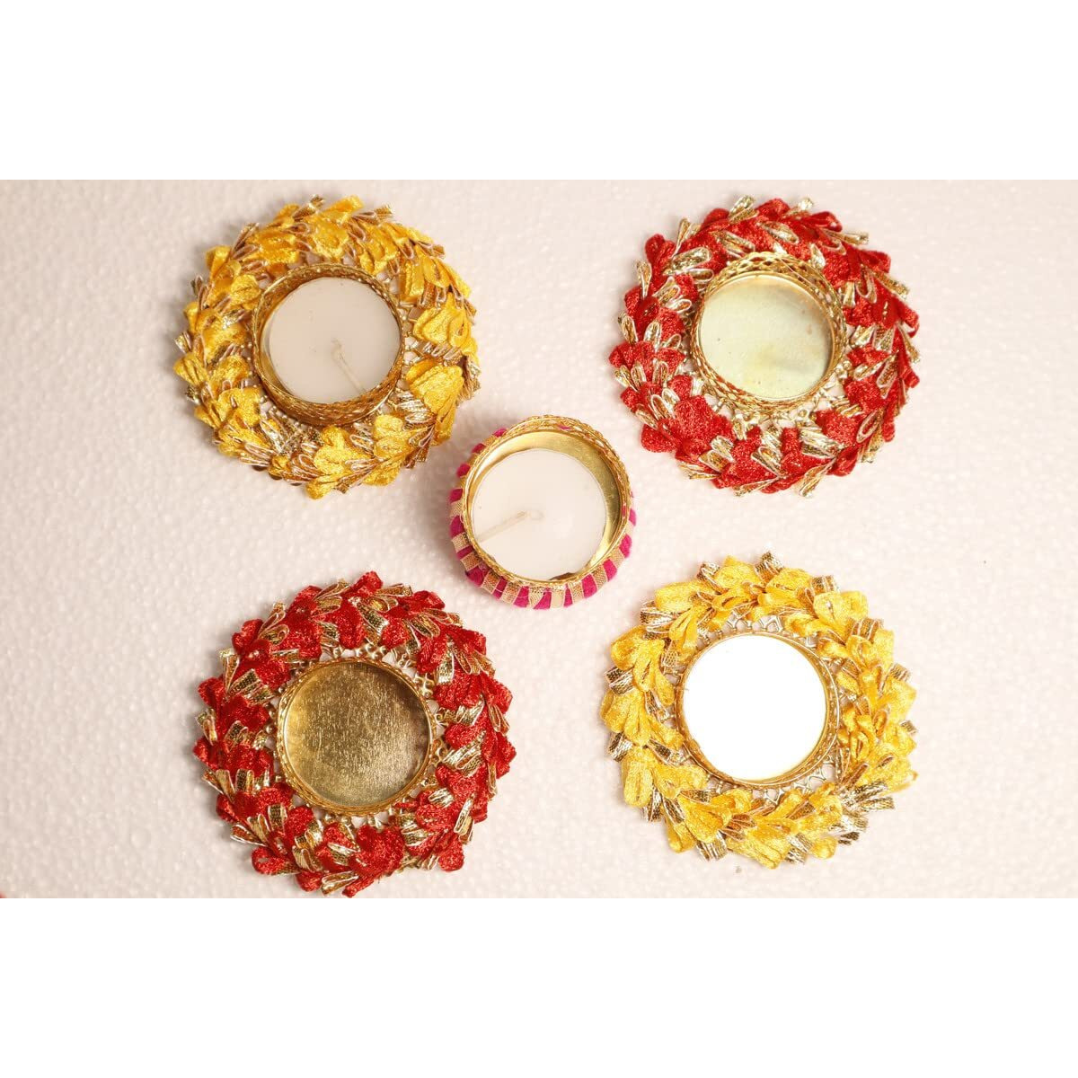 Alaukik Beautiful Handcrafted Multi Colour Floral Design Holding Tea Light Holder/Eligent Design Gota Work Tea Light Holder for Diwali,Navratri and Event Decoration/Home Decor Set of 5 (Pack of 5)