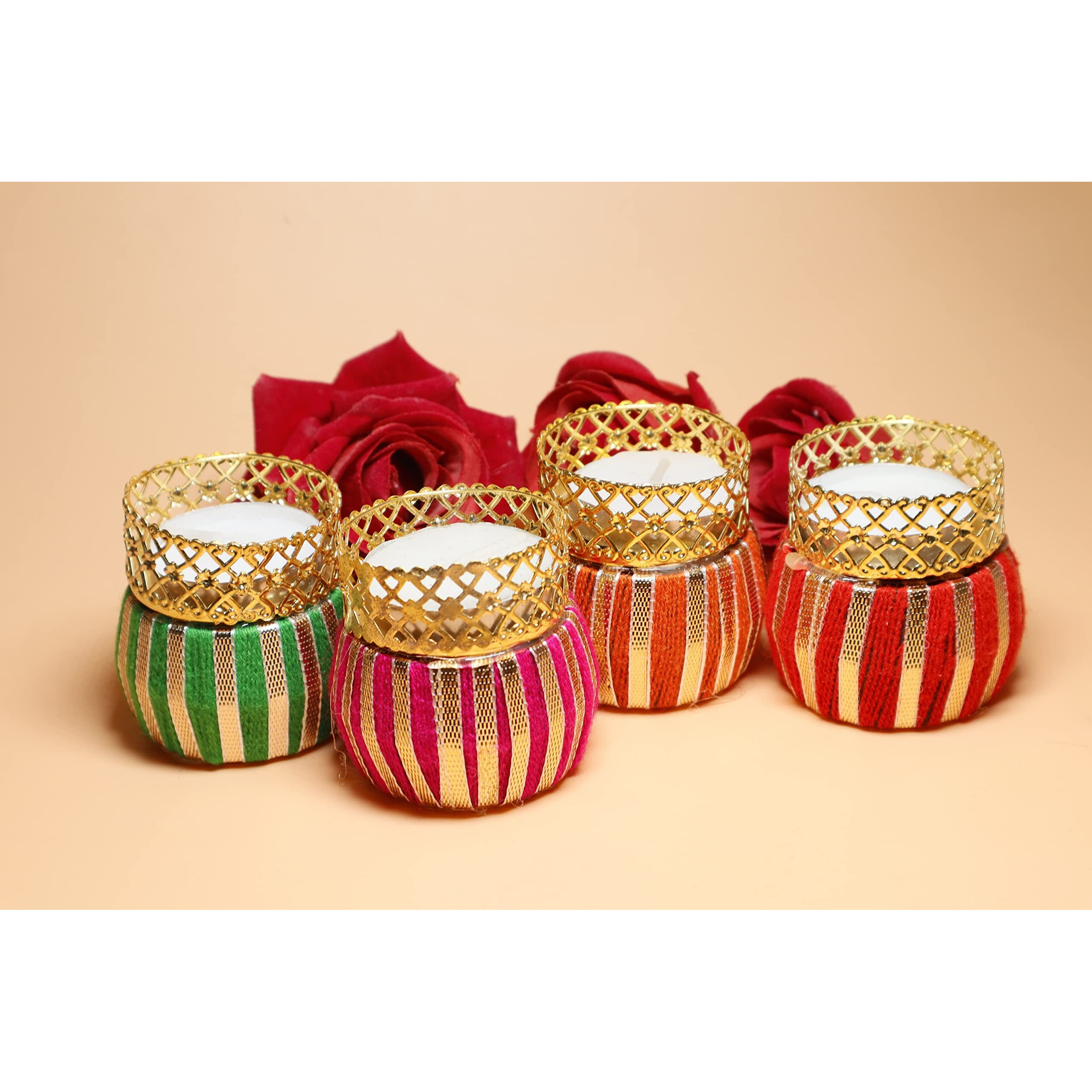 Alaukik Beautiful Handcrafted Multi Colour Damroo Shape Holding Tea Light Holder/Eligent Design Gota Work Tea Light Holder for Diwali,Navratri and Event Decoration/Home Decor Set of 4