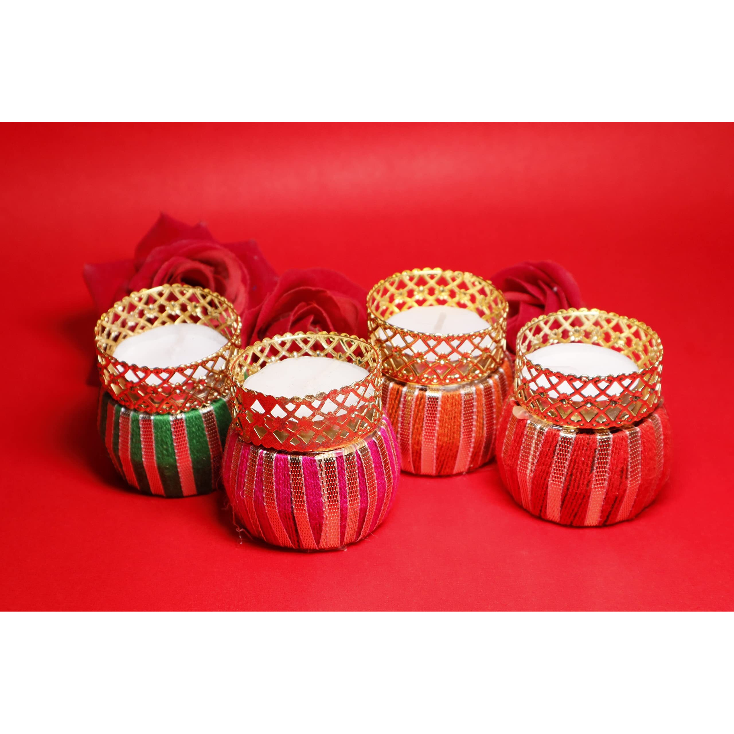 Alaukik Beautiful Handcrafted Multi Colour Damroo Shape Holding Tea Light Holder/Eligent Design Gota Work Tea Light Holder for Diwali,Navratri and Event Decoration/Home Decor Set of 4