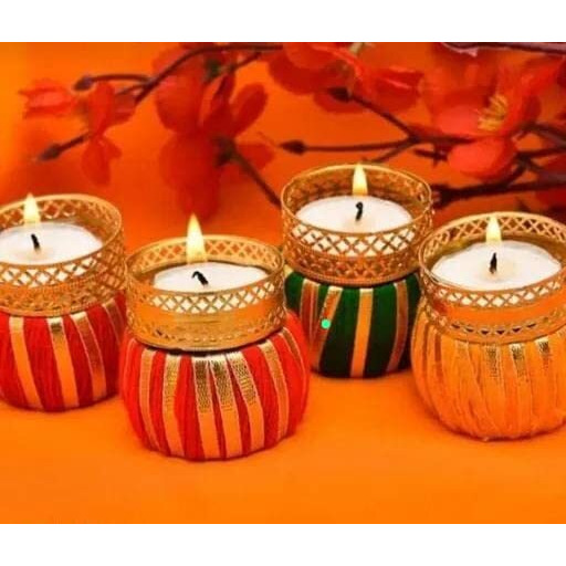 Alaukik Beautiful Handcrafted Multi Colour Damroo Shape Holding Tea Light Holder/Eligent Design Gota Work Tea Light Holder for Diwali,Navratri and Event Decoration/Home Decor Set of 4