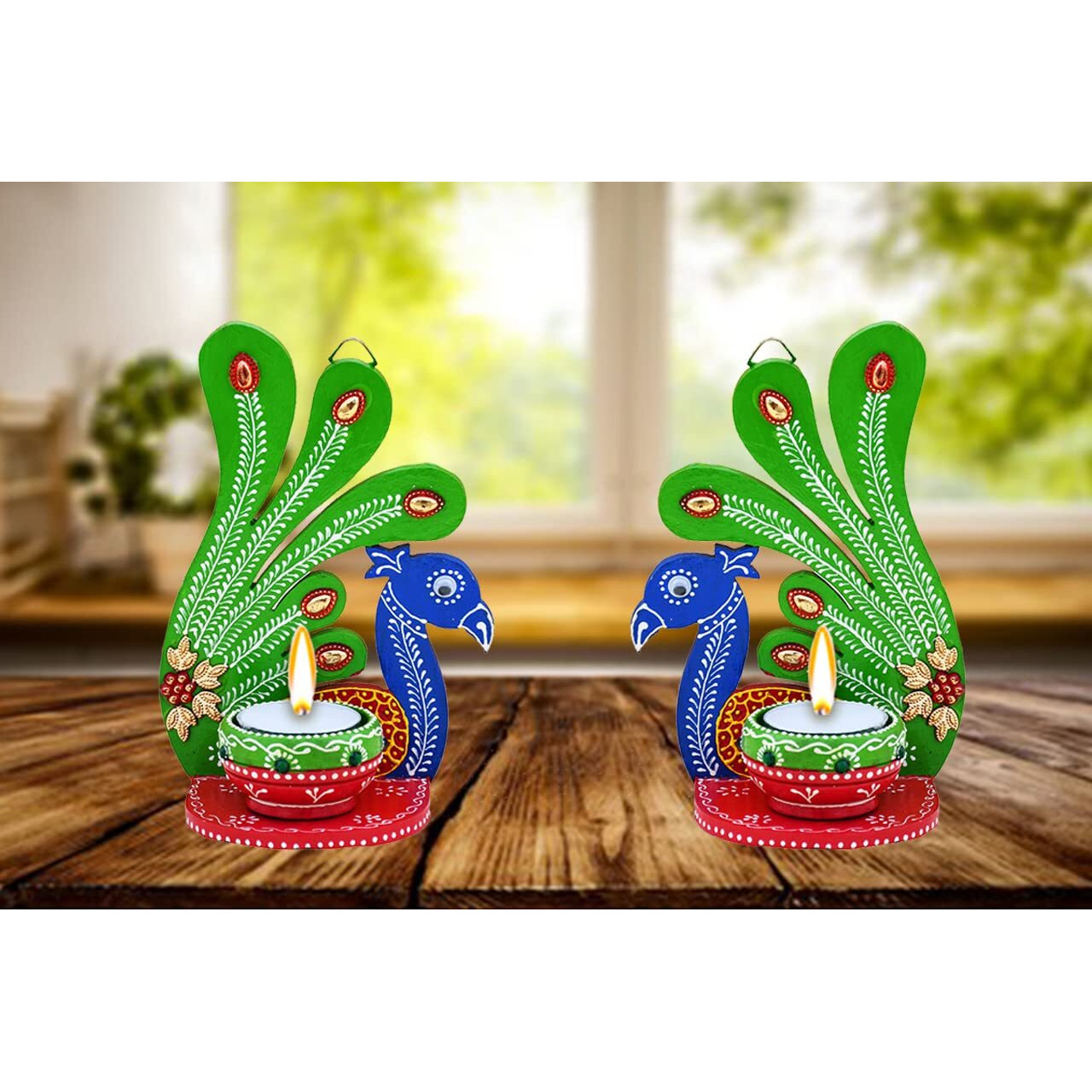 Saugat Traders Candle Set for Diwali Home Decoration - Peacock Design Tea Light Candle Holder Candle - Door Hanging-Wall Hanging-Deepawali Gift for Corporate Clients, Family & Friends