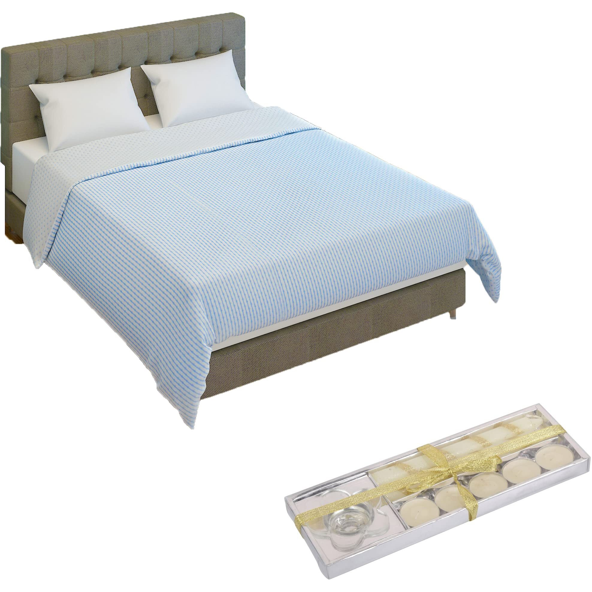 EIN SOF Cotton AC Blanket for Double Bed (90x100 inches) - Twin Design & Reversible Comforter, Soft Dohars for Mild Winters (Sky Blue), Fine Finish Blankets/Dohars Diwali Combo with Free Candle Set