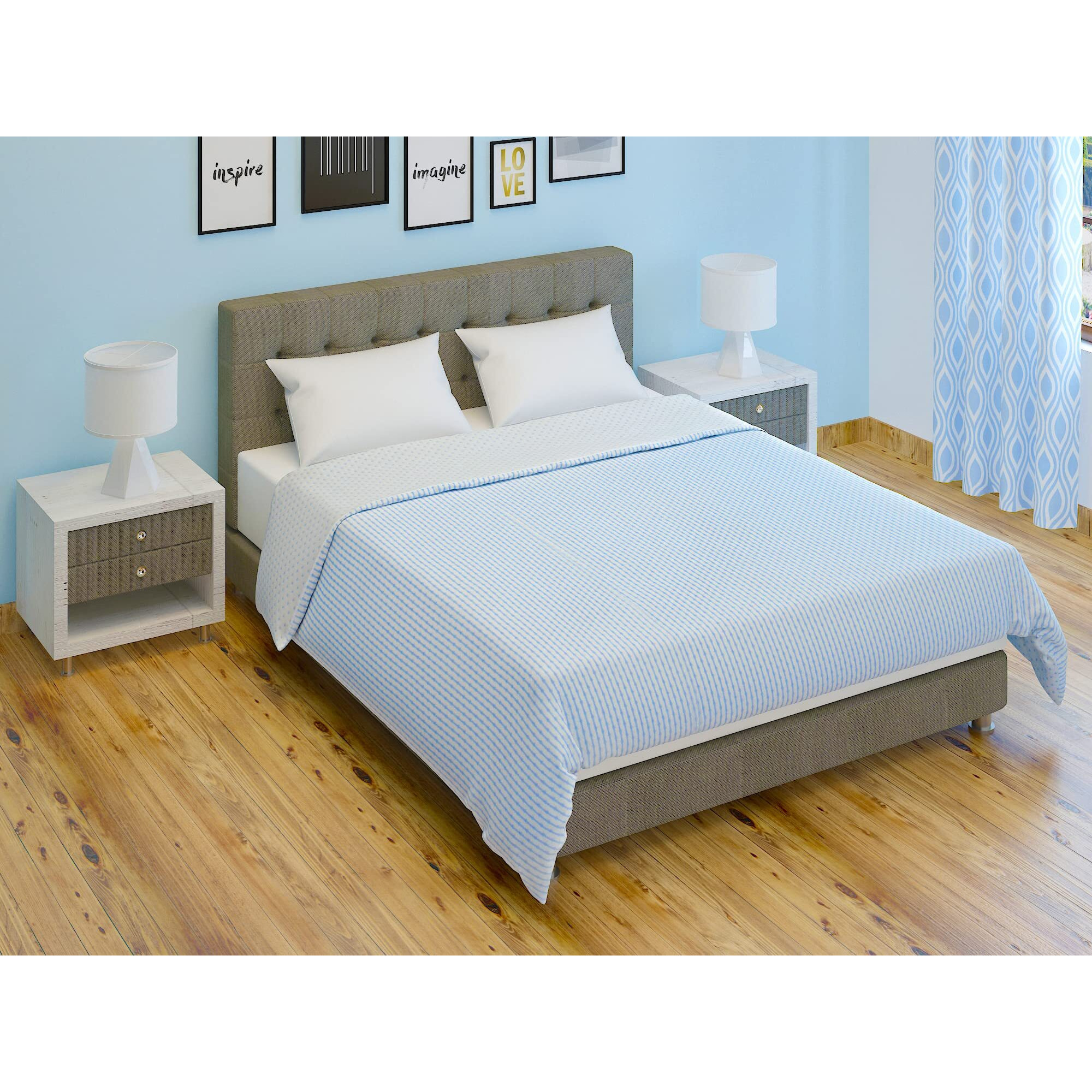 EIN SOF Cotton AC Blanket for Double Bed (90x100 inches) - Twin Design & Reversible Comforter, Soft Dohars for Mild Winters (Sky Blue), Fine Finish Blankets/Dohars Diwali Combo with Free Candle Set