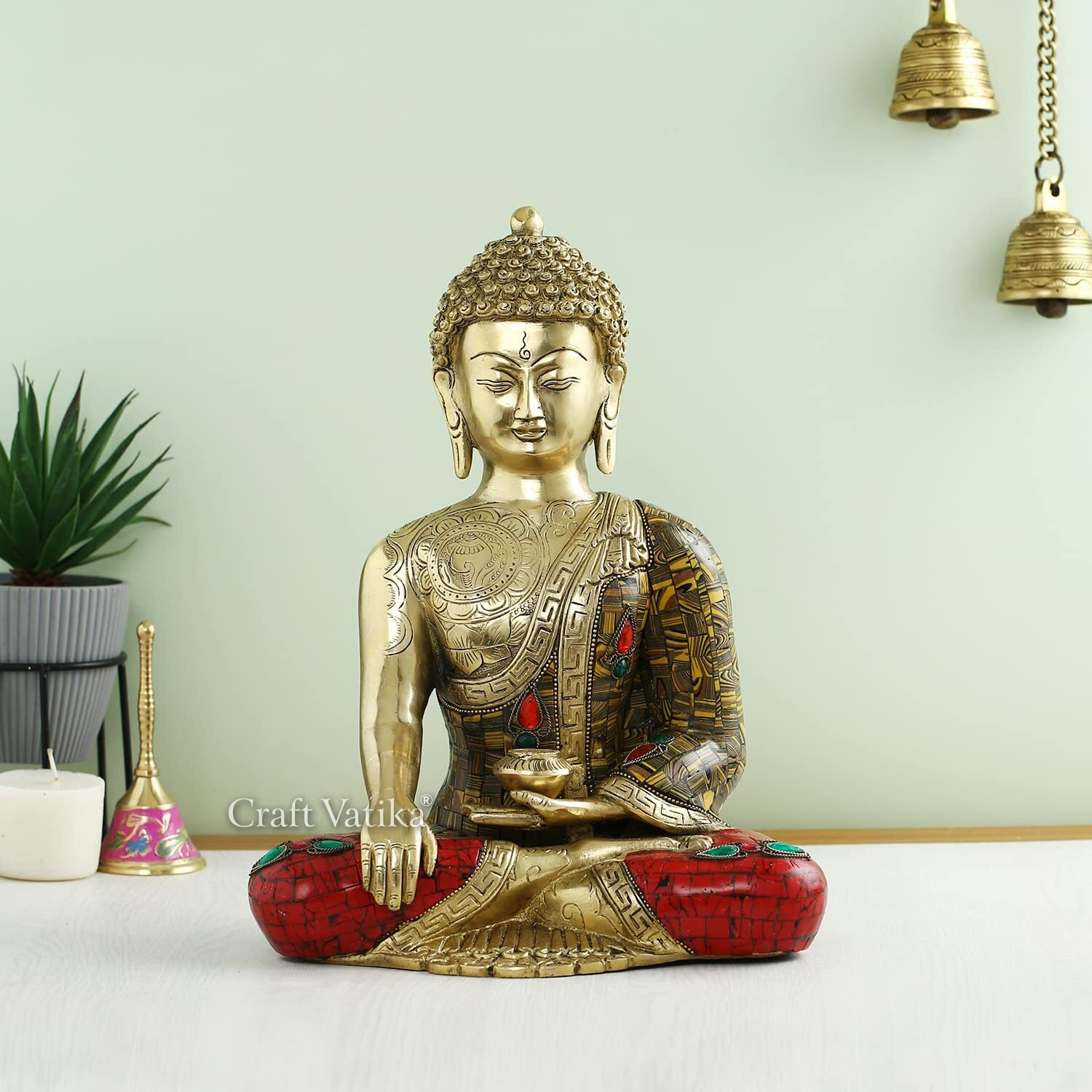 Collectible India 1 Ft Big Buddha Brass Statue Buddhism Life Sign Earth Touching Sitting Sculpture Bhumisparsha Feng Shui Idol Figurine Diwali Gifts Home Decor