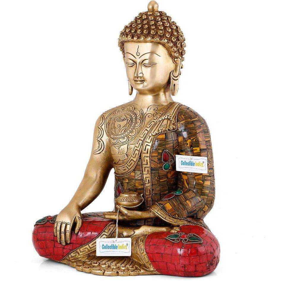 Collectible India 1 Ft Big Buddha Brass Statue Buddhism Life Sign Earth Touching Sitting Sculpture Bhumisparsha Feng Shui Idol Figurine Diwali Gifts Home Decor