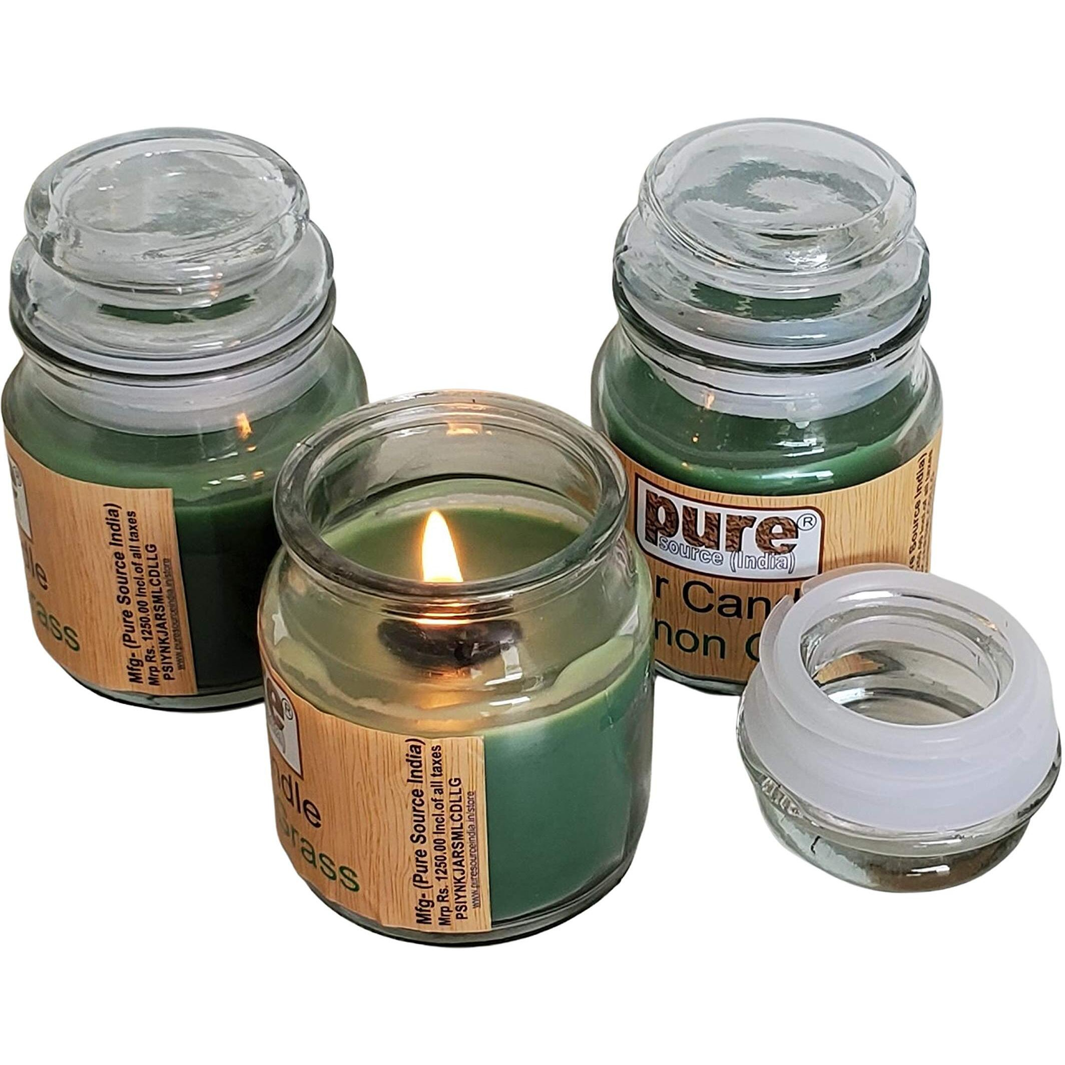 Pure Source India Scented Yanky Glass Jar Candles for Home, Office, Party & Diwali Gifting Item (Lemon Grass), (Set of 3 Green)