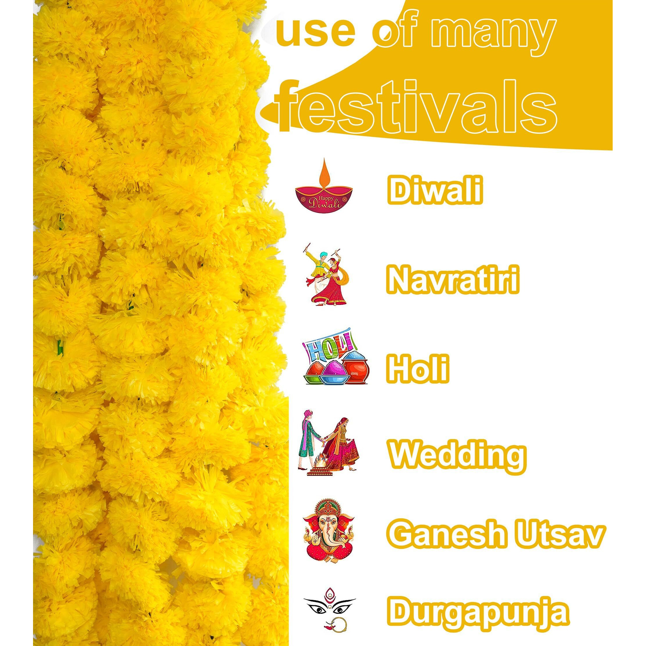 Caneuf Artificial Genda or Marigold Flowers Garland for Decoration for Diwali, Housewarming, Christmas, Wall hangings (4.5 ft Per Strings) (Yellow, 5)