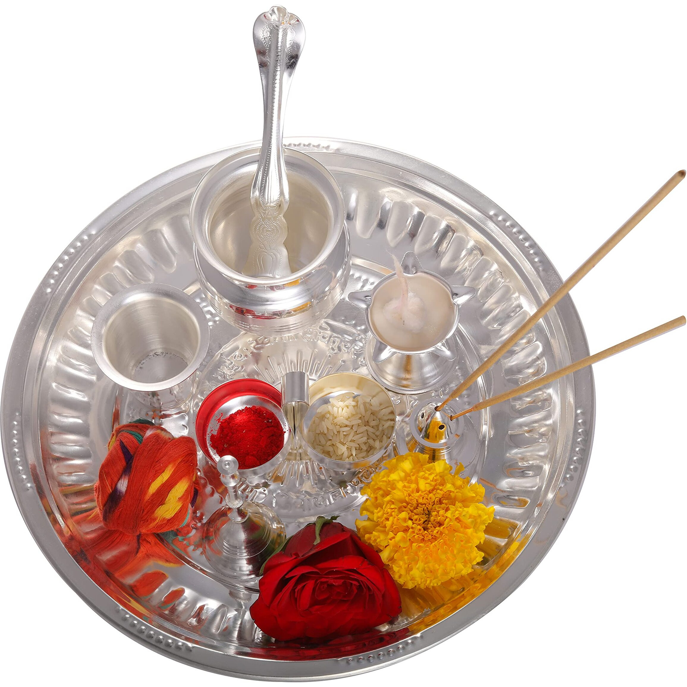 OJAS Designer Silver Plated 26 CM Pooja Thali Set for Gifting,Occasionally Gifting,Utility Gifting,Every Occasion for Festival,Diwali,Home,Mandir,Office,Festive Wedding Return Gift Items.