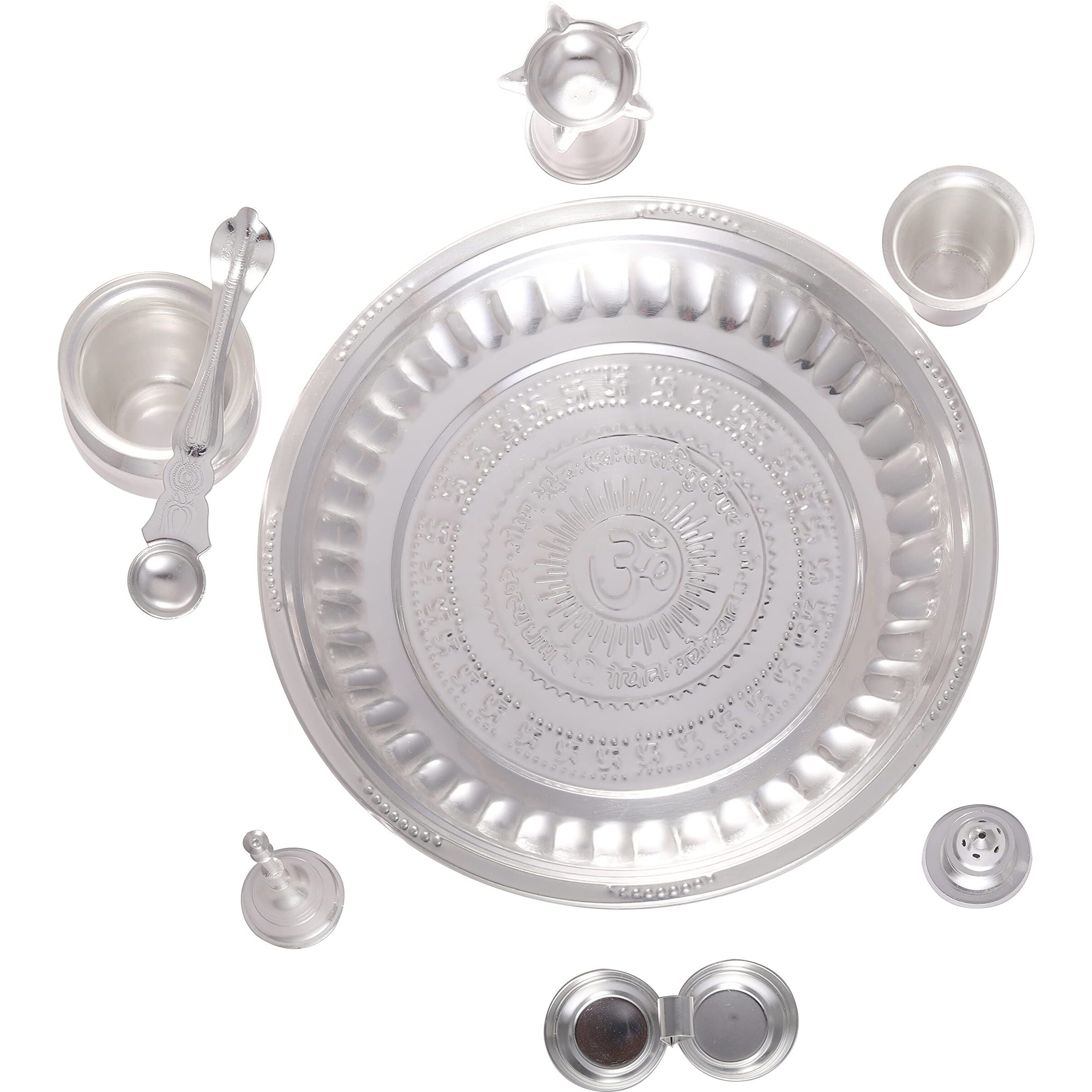 OJAS Designer Silver Plated 26 CM Pooja Thali Set for Gifting,Occasionally Gifting,Utility Gifting,Every Occasion for Festival,Diwali,Home,Mandir,Office,Festive Wedding Return Gift Items.