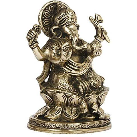ARTVARKO Brass Ganesha Sitting on Lotus Ganesh Ganpati Murti Metal Statue for Home Office Entrance Decor Diwali Pooja 5 Inches