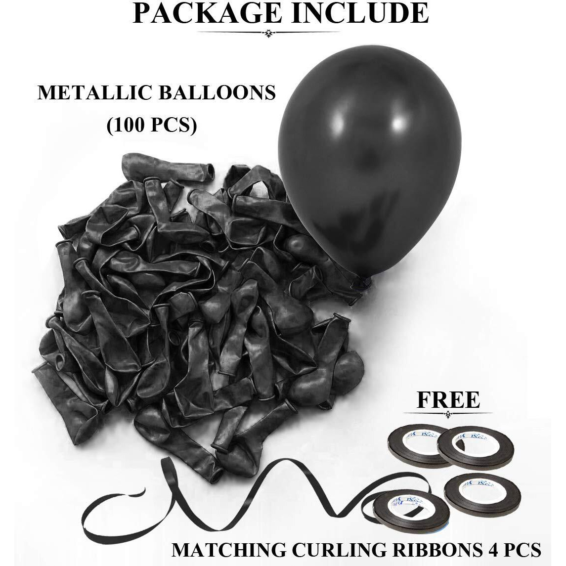 AMFIN 10 Inch (Pack Of 100) Black Metallic Balloons for Birthday Decoration , Decoration for Weddings , Engagement , Baby Shower Decoration Items , 1st Birthday Party Decoration Items , Anniversary Party , Bachelors Party , Office Party , Diwali , New Year Party , Christmas Decoration Items