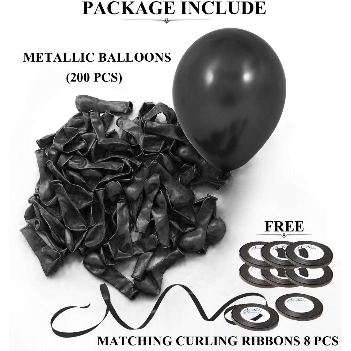AMFIN 10 Inch (Pack Of 200) Black Metallic Balloons for Birthday Decoration , Decoration for Weddings , Engagement , Baby Shower Decoration Items , 1st Birthday Party Decoration Items , Anniversary Party , Bachelors Party , Office Party , Diwali , New Year Party , Christmas Decoration Items