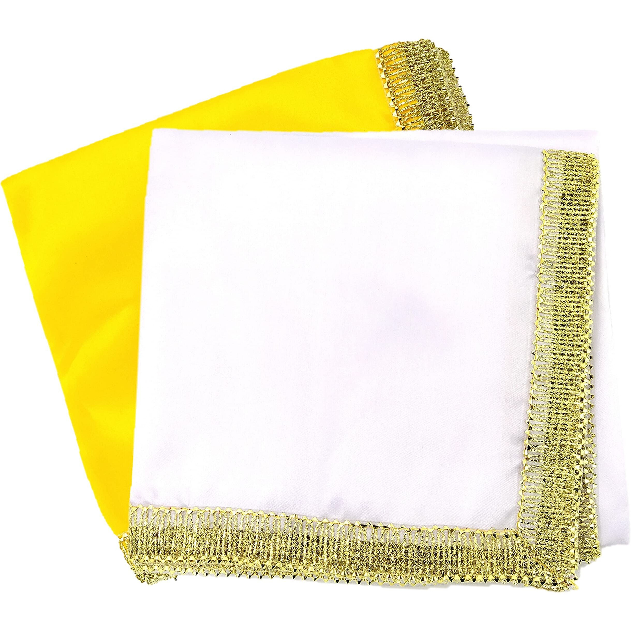 Bhakti Lehar ( Size 1 Meter White and Yellow Silk Satin Altar Cloth | Diwali Pooja Silk Altar Cloth Mat for Puja Table, God Chowki Aasan, Temple and Mandir
