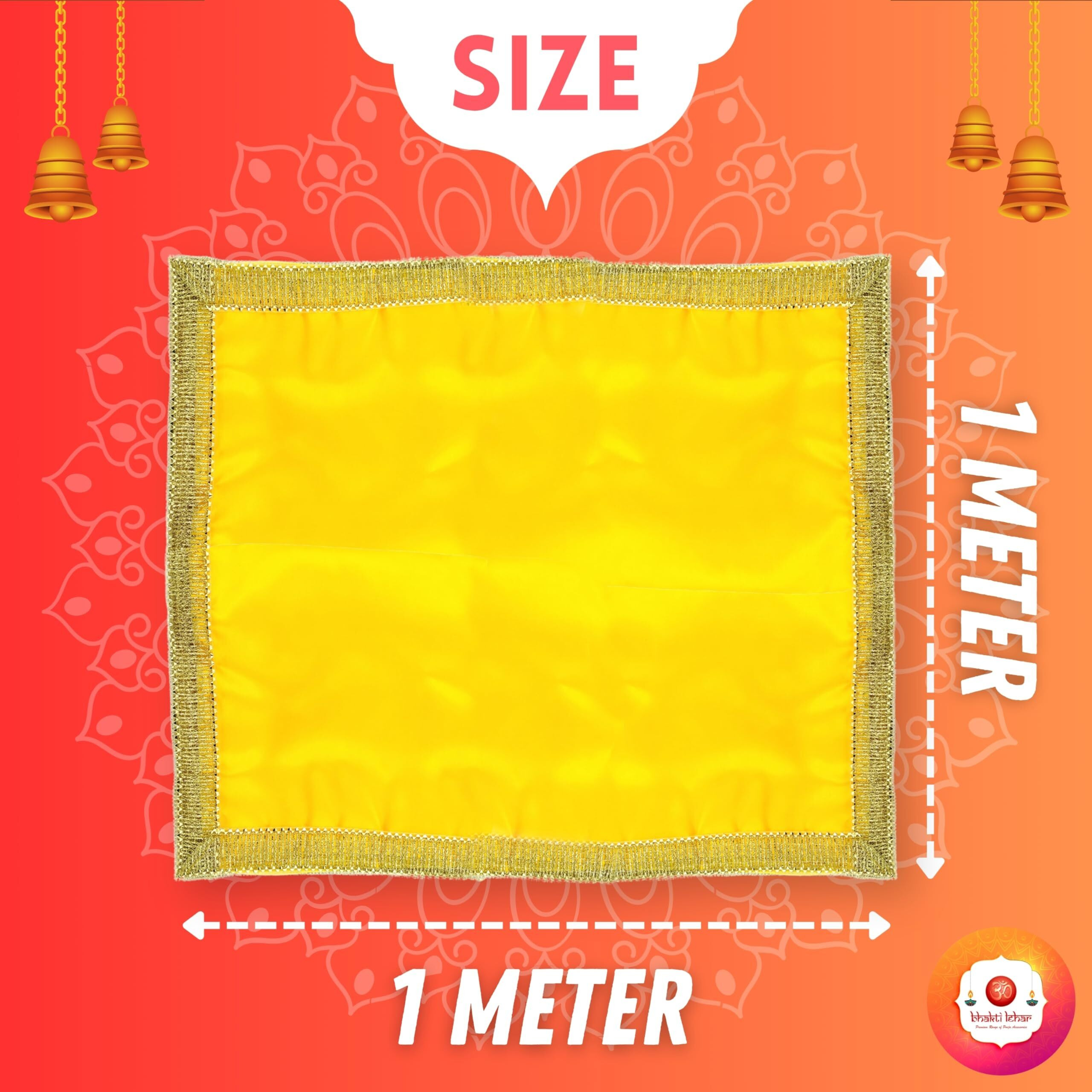 Bhakti Lehar ( Size 1 Meter White and Yellow Silk Satin Altar Cloth | Diwali Pooja Silk Altar Cloth Mat for Puja Table, God Chowki Aasan, Temple and Mandir
