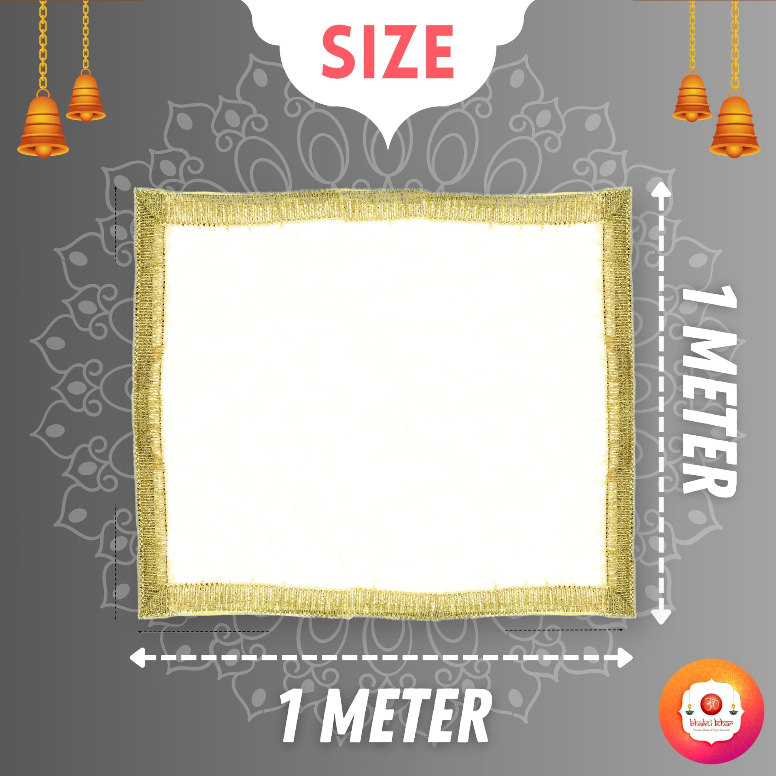Bhakti Lehar ( Size 1 Meter White and Yellow Silk Satin Altar Cloth | Diwali Pooja Silk Altar Cloth Mat for Puja Table, God Chowki Aasan, Temple and Mandir