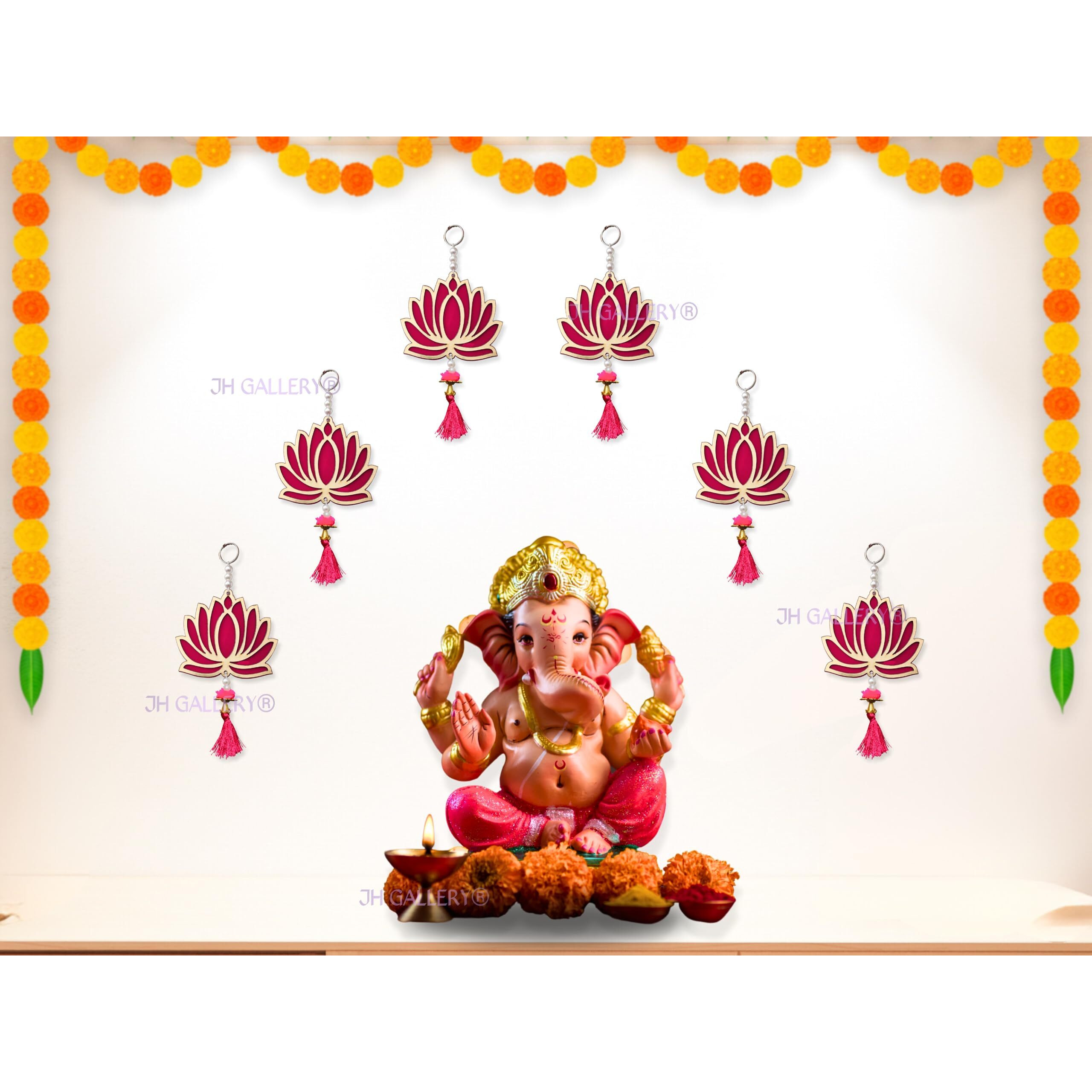 JH Gallery Acrylic Lotus Hangings For Decoration Floral Wall Hangings For Temple Decor, Mandir Decor Diwali Decor | Lotus Hangings For Decoration | Pooja Decoration Items (Pack Of 6),Multicolor