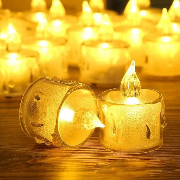 True Decor 12PC Acrylic Flameless & Smokeless Melted Design Crystal LED Candles for Home Decoration||LED Tealight Candles for Christmas & Diwali Pack of 12 (Yellow)