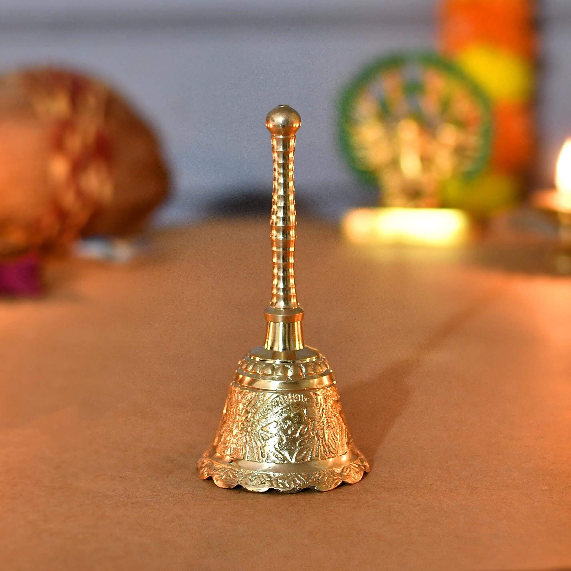 CraftVatika Brass Hand Bell Ghanti for Pooja Mandir Diwali Decoration Items, Puja Prayer Ghanti - (4.5 inches Height)