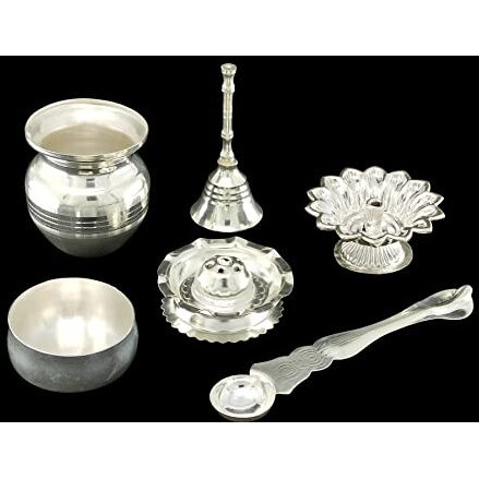 BENGALEN Silver Plated Pooja thali Set 7 Inch Festival Ethnic Puja Thali Items for Diwali Daily Home Mandir Office Wedding Return Gift