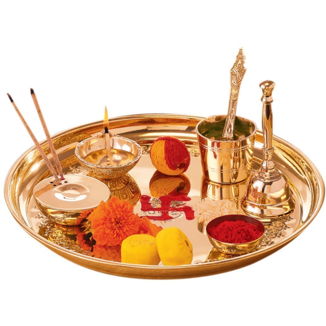 Collectible India Handmade Brass Puja Thali Set for Aarti Pooja Decor Diwali Gifts for Family and Friends
