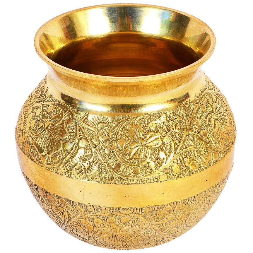 Mkd2 Rise Pure Brass Lota | Kalash | Pooja Lota | Puja Lota | Karwachauth Lota (Embossed, 300 ml) 1 Piece for Diwali, Wedding, Mandir Room, Temple, Festival