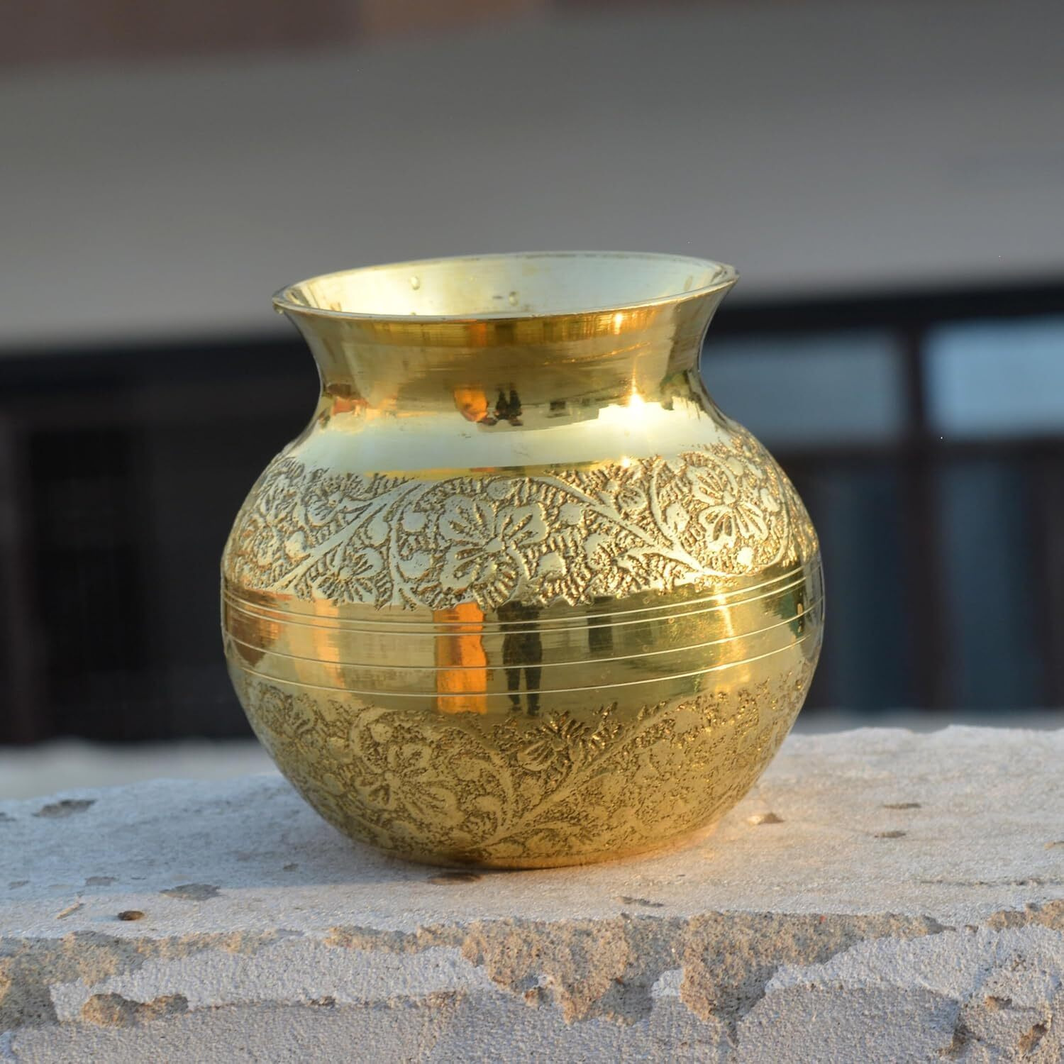 Mkd2 Rise Pure Brass Lota | Kalash | Pooja Lota | Puja Lota | Karwachauth Lota (Embossed, 300 ml) 1 Piece for Diwali, Wedding, Mandir Room, Temple, Festival