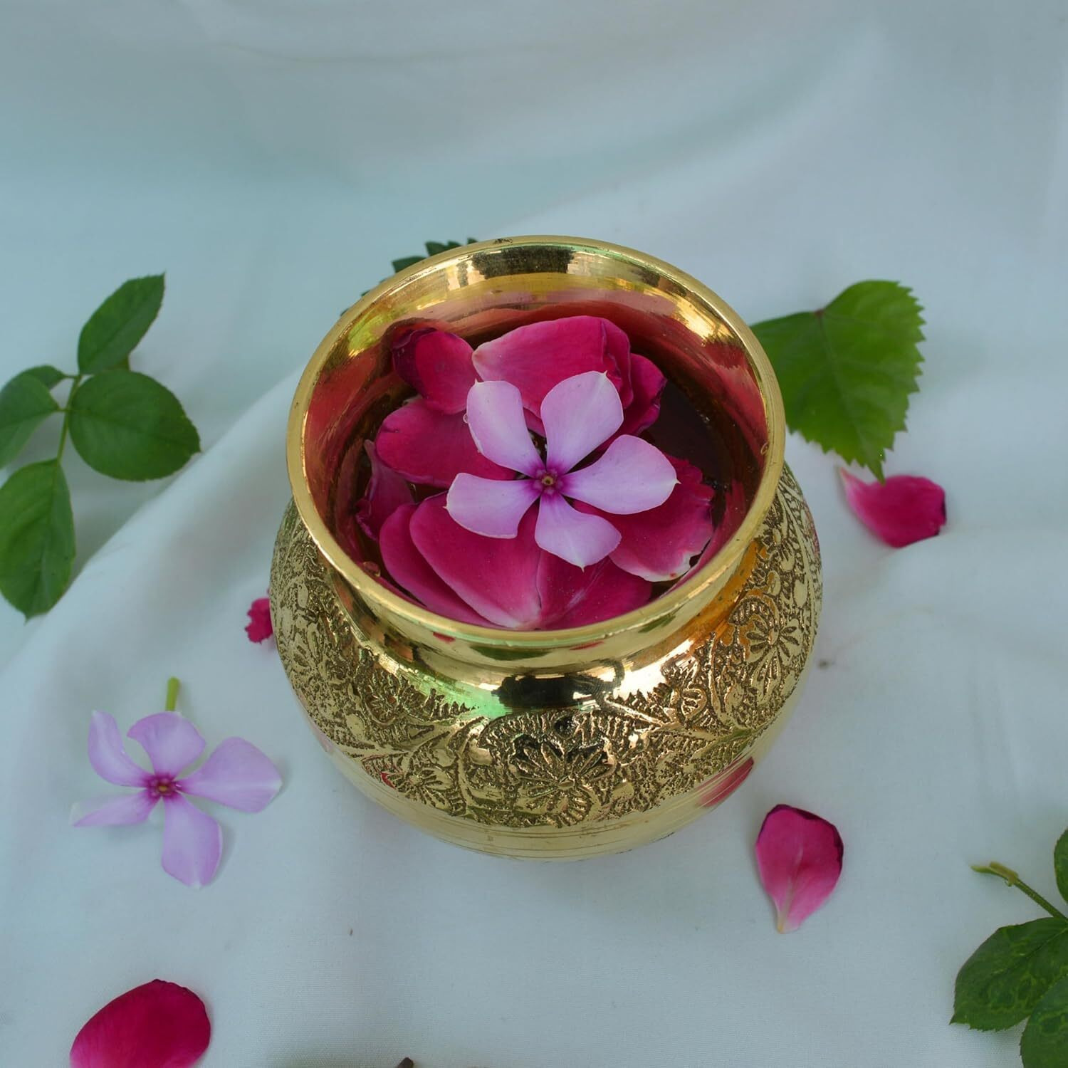 Mkd2 Rise Pure Brass Lota | Kalash | Pooja Lota | Puja Lota | Karwachauth Lota (Embossed, 300 ml) 1 Piece for Diwali, Wedding, Mandir Room, Temple, Festival