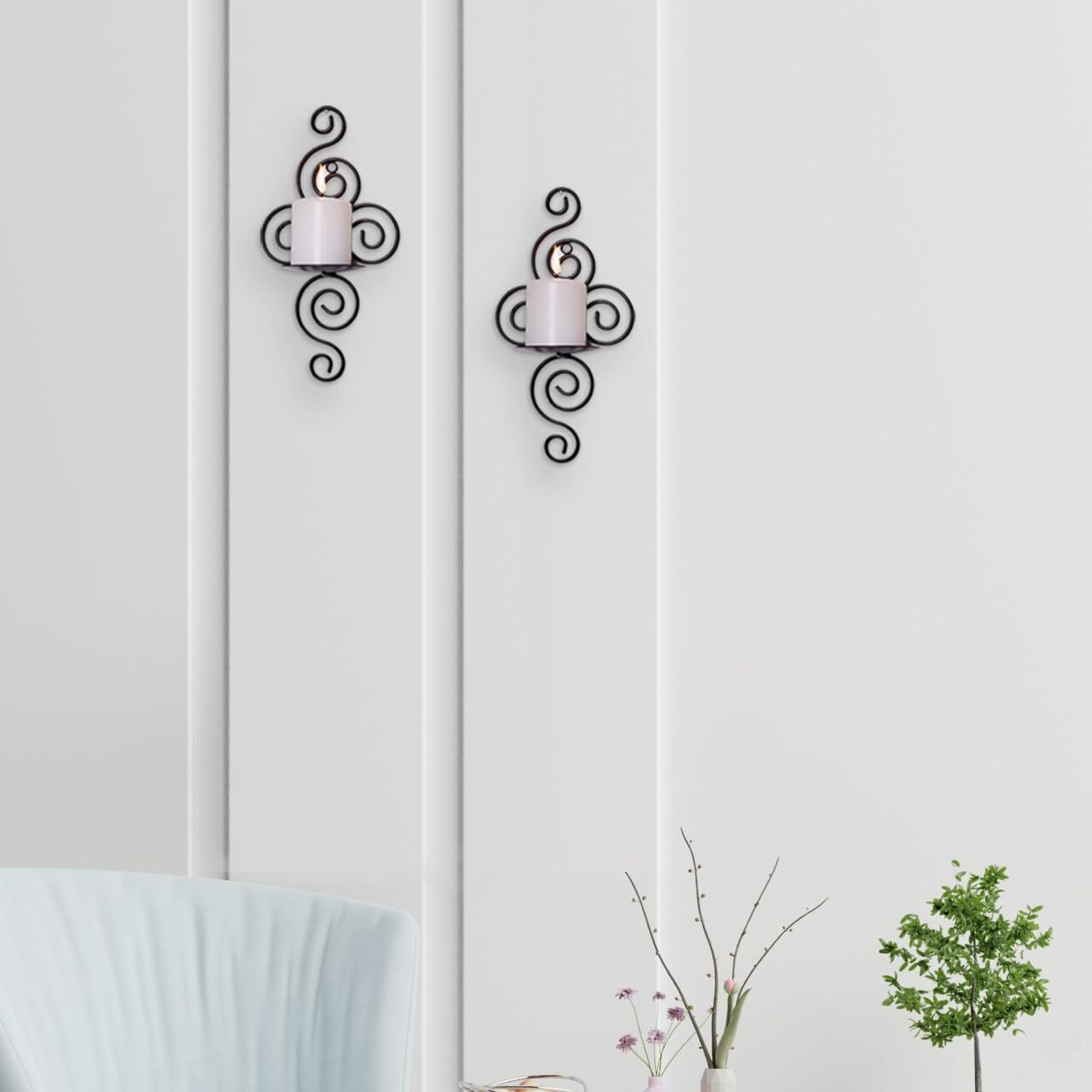 HOSLEY Metal Wall Sconce Pillar Candle Holder| Wall Hanging Pillar Candle Holder with Two Free Pillar Candles| Perfect for Home Decor,Bed Room,Living Room, Dining Room, Bathroom| Pack of 2(Black)