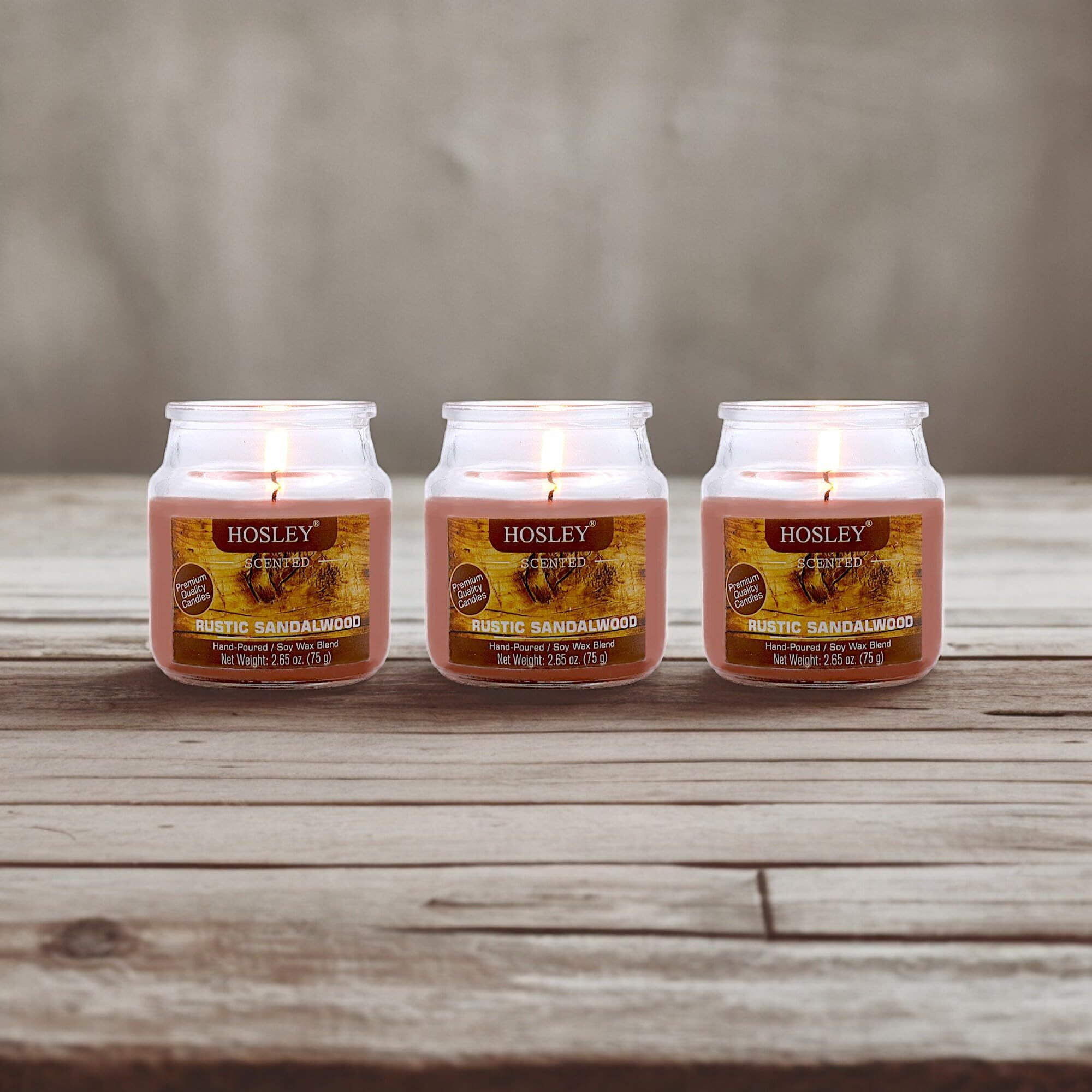 HOSLEY Rustic Sandalwood Fragrance Jar Candle Pack of 3 (2.65 Oz Wax)|Fragrance Candles for Home|Scented Candles|Jar Candles|Burn Time 15 Hours|Fragrance Candle|Home Decoration (Soy Blend Wax)