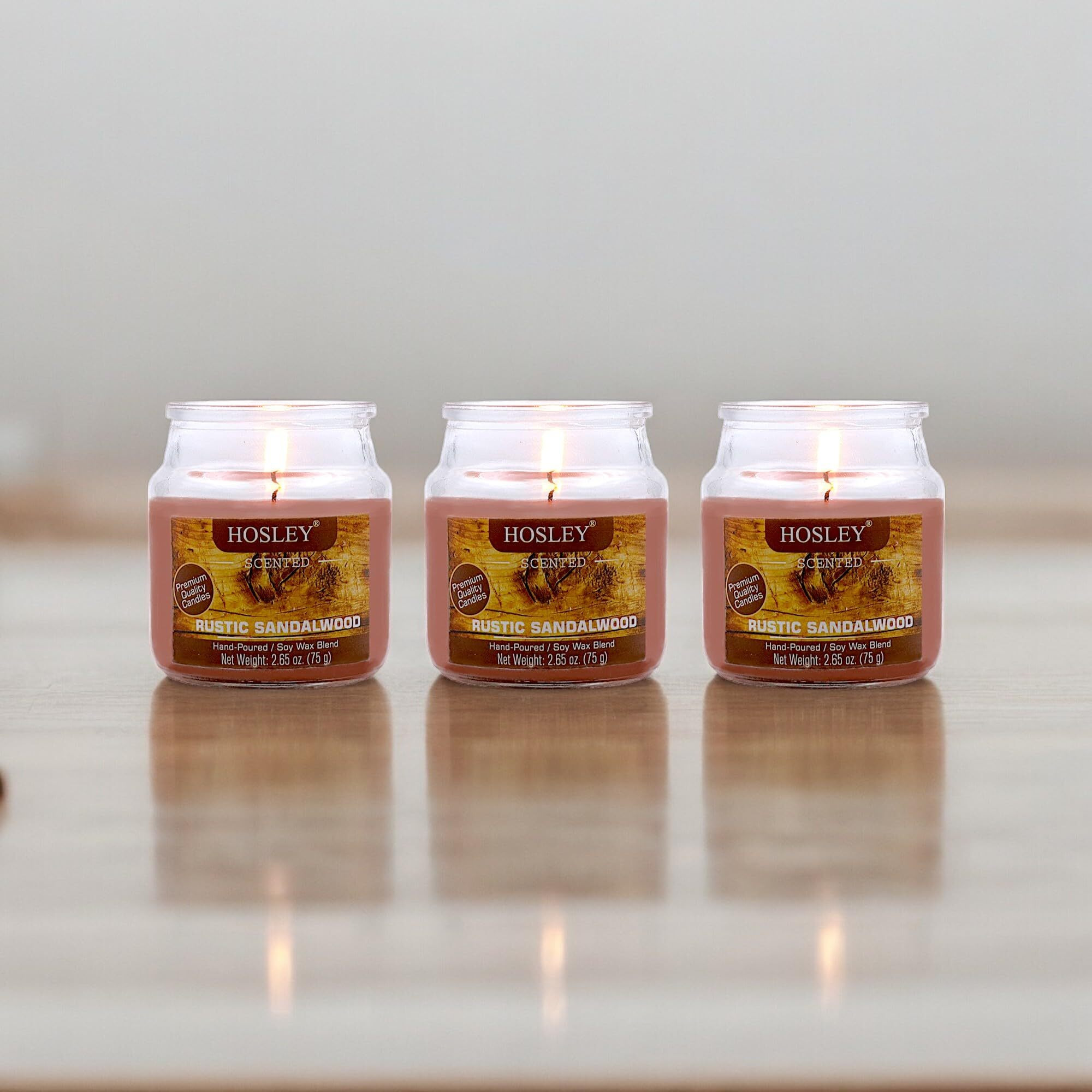 HOSLEY Rustic Sandalwood Fragrance Jar Candle Pack of 3 (2.65 Oz Wax)|Fragrance Candles for Home|Scented Candles|Jar Candles|Burn Time 15 Hours|Fragrance Candle|Home Decoration (Soy Blend Wax)