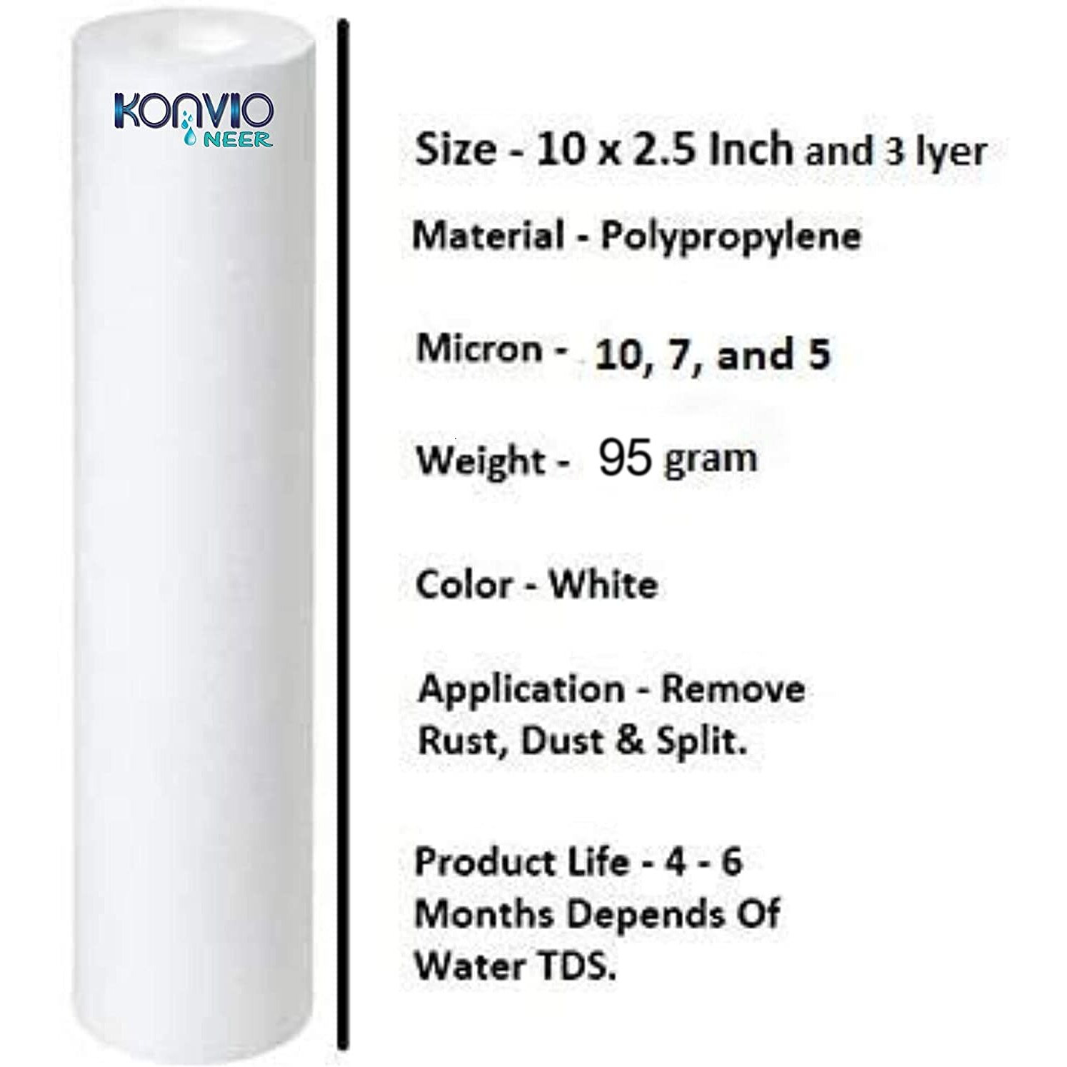Konvio Neer Ro Water Purifier 10 Inch Pre-Filter Candle Outer Filter Candle/Spun Cartridge | 8Pcs , White