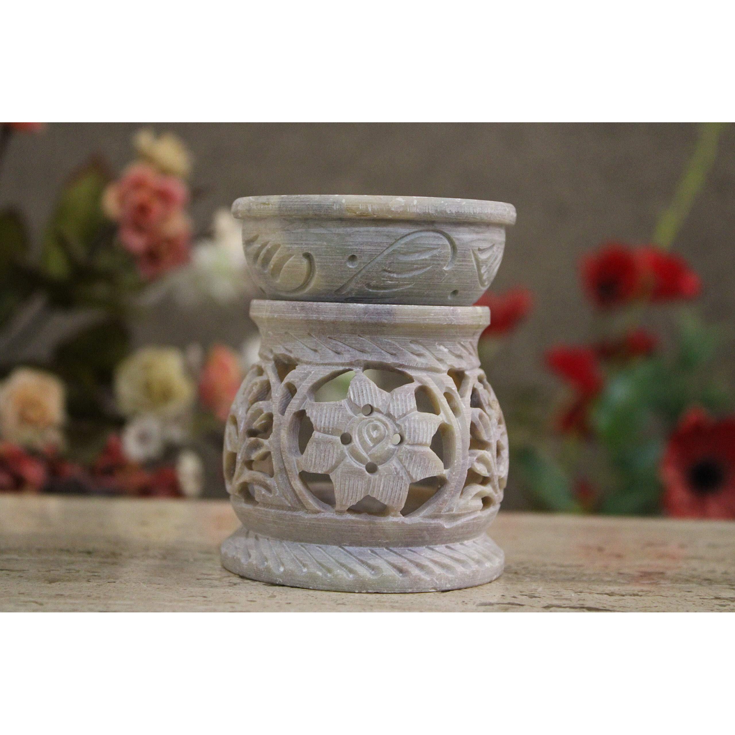 KC KULLICRAFT Handcrafted Marble Soapstone Floral Carving Candle Aroma Burner Oil Diffuser Tea Light Holder Oil Warmer with 1 Free Tea Light Candle.