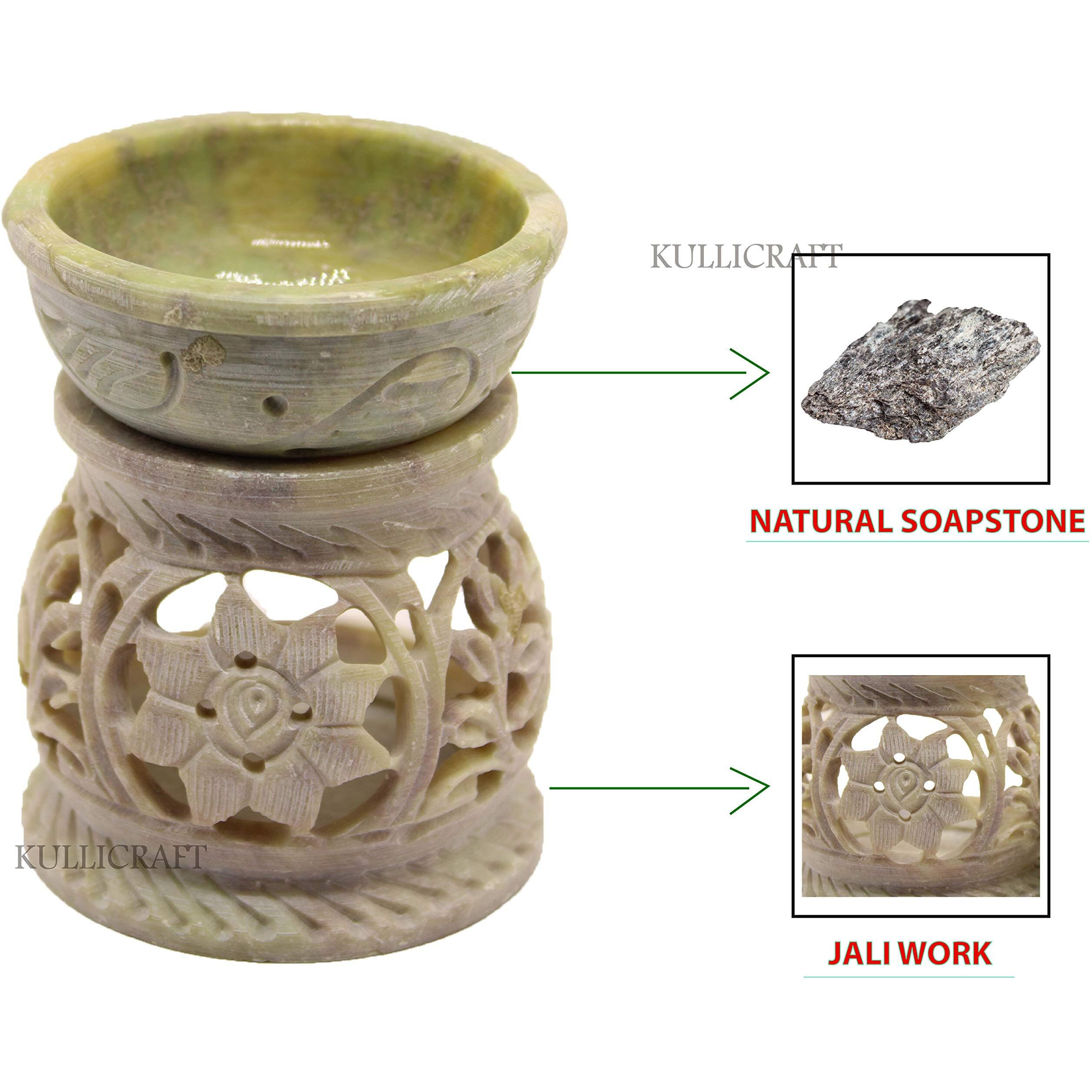 KC KULLICRAFT Handcrafted Marble Soapstone Floral Carving Candle Aroma Burner Oil Diffuser Tea Light Holder Oil Warmer with 1 Free Tea Light Candle.