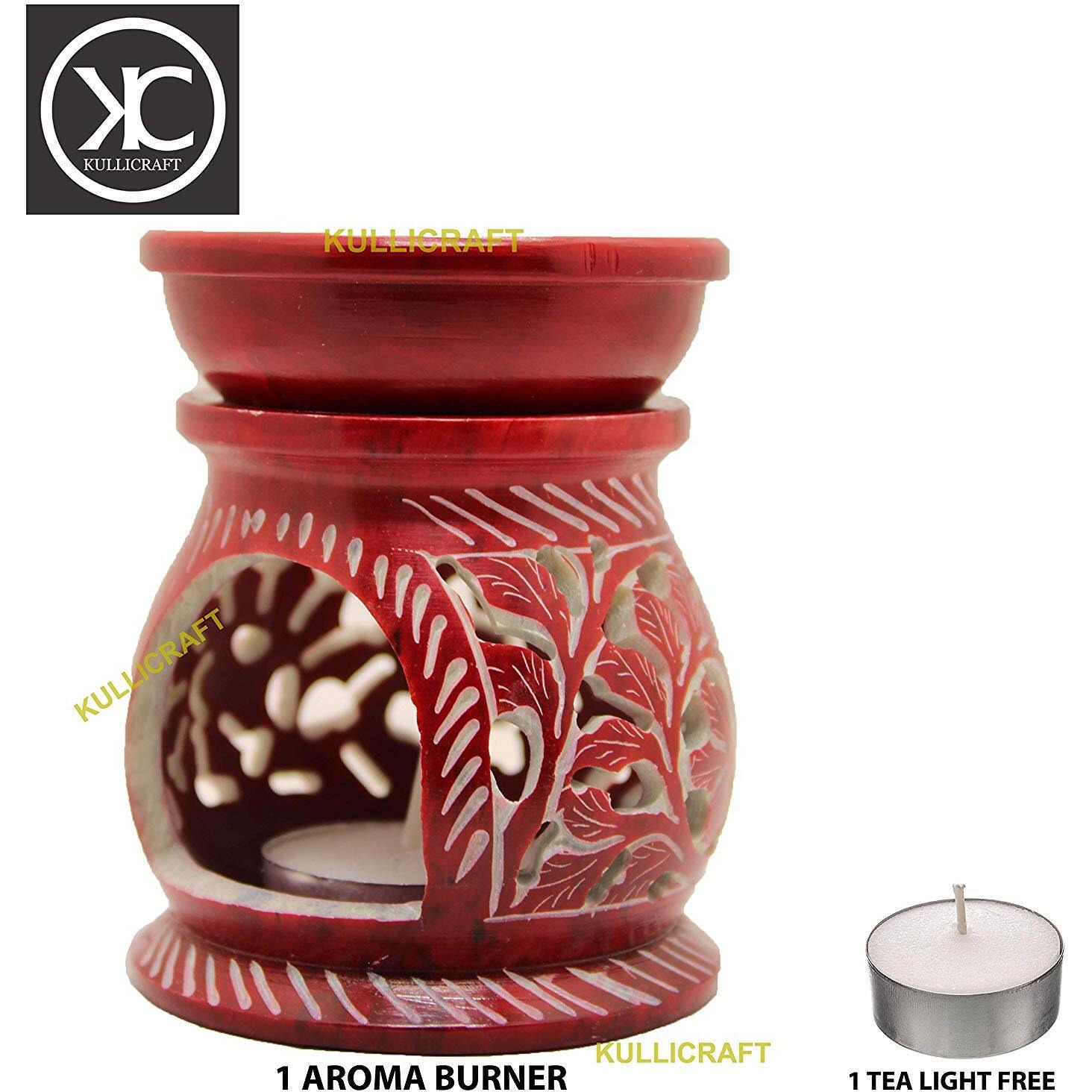 KC KULLICRAFT Handcrafted Soapstone Floral Carving Aroma Burner,Oil Diffuser with 1 Free Tea Light Candle (Red)