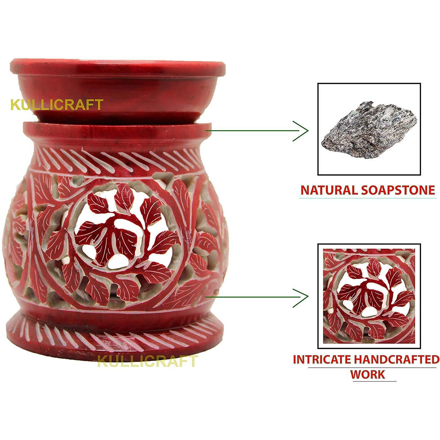 KC KULLICRAFT Handcrafted Soapstone Floral Carving Aroma Burner,Oil Diffuser with 1 Free Tea Light Candle (Red)